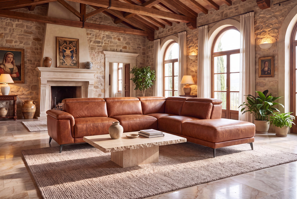 Pista reclining chaise sectional in Tuscan Cognac distressed Italian aniline leather, right chaise configuration