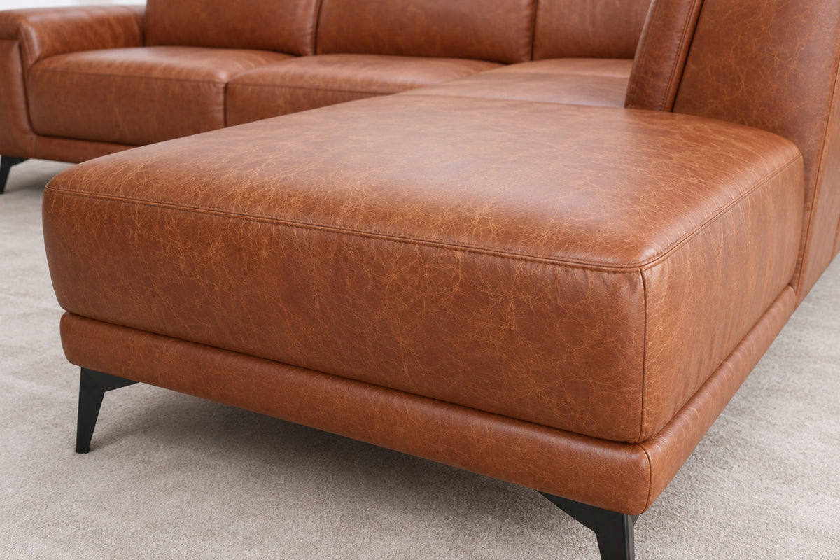 Pista reclining chaise sectional in Tuscan Cognac distressed Italian aniline leather, right chaise configuration