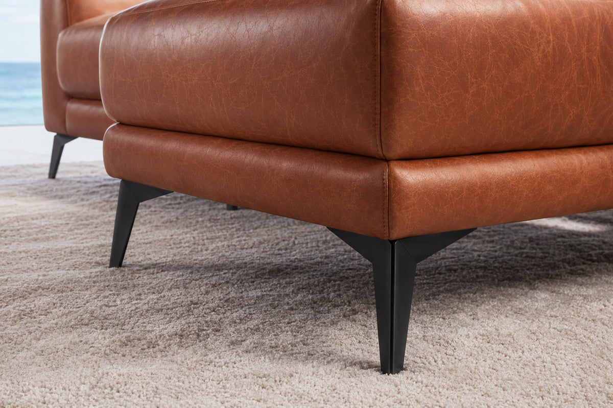 Pista reclining chaise sectional in Tuscan Cognac distressed Italian aniline leather, right chaise configuration