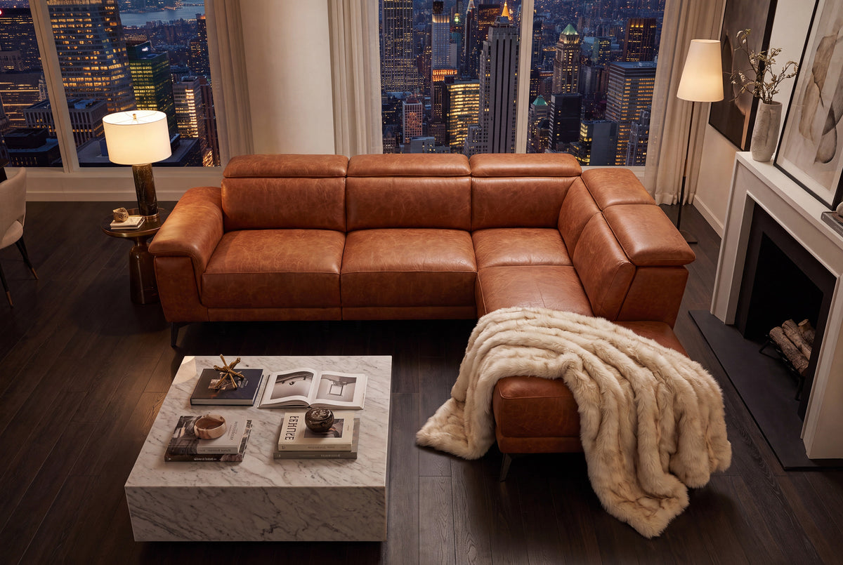 Pista reclining chaise sectional in Tuscan Cognac distressed Italian aniline leather, right chaise configuration