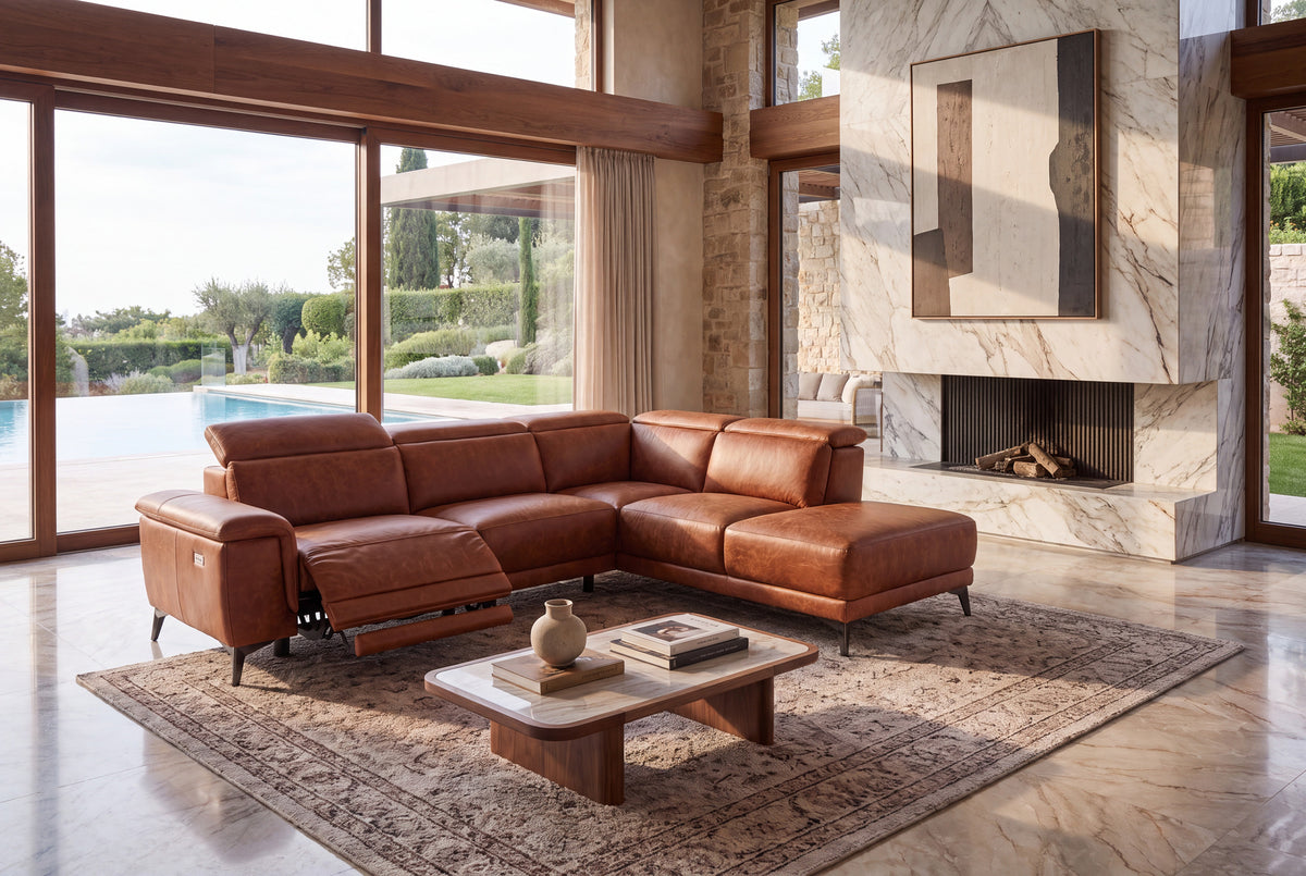 Pista reclining chaise sectional in Tuscan Cognac distressed Italian aniline leather, right chaise configuration