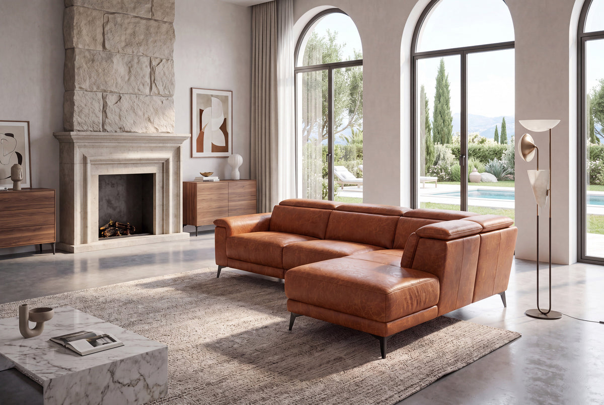 Pista reclining chaise sectional in Tuscan Cognac distressed Italian aniline leather, right chaise configuration