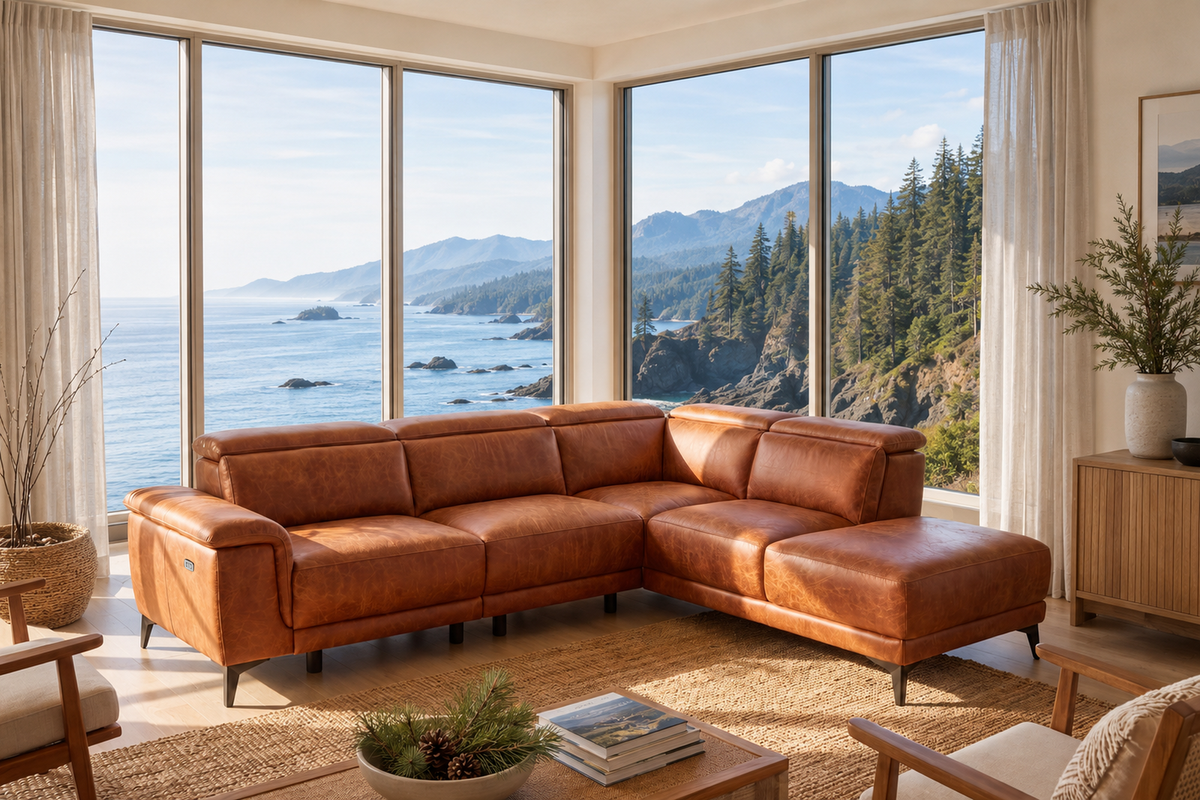 Pista reclining chaise sectional in Tuscan Cognac distressed Italian aniline leather, right chaise configuration
