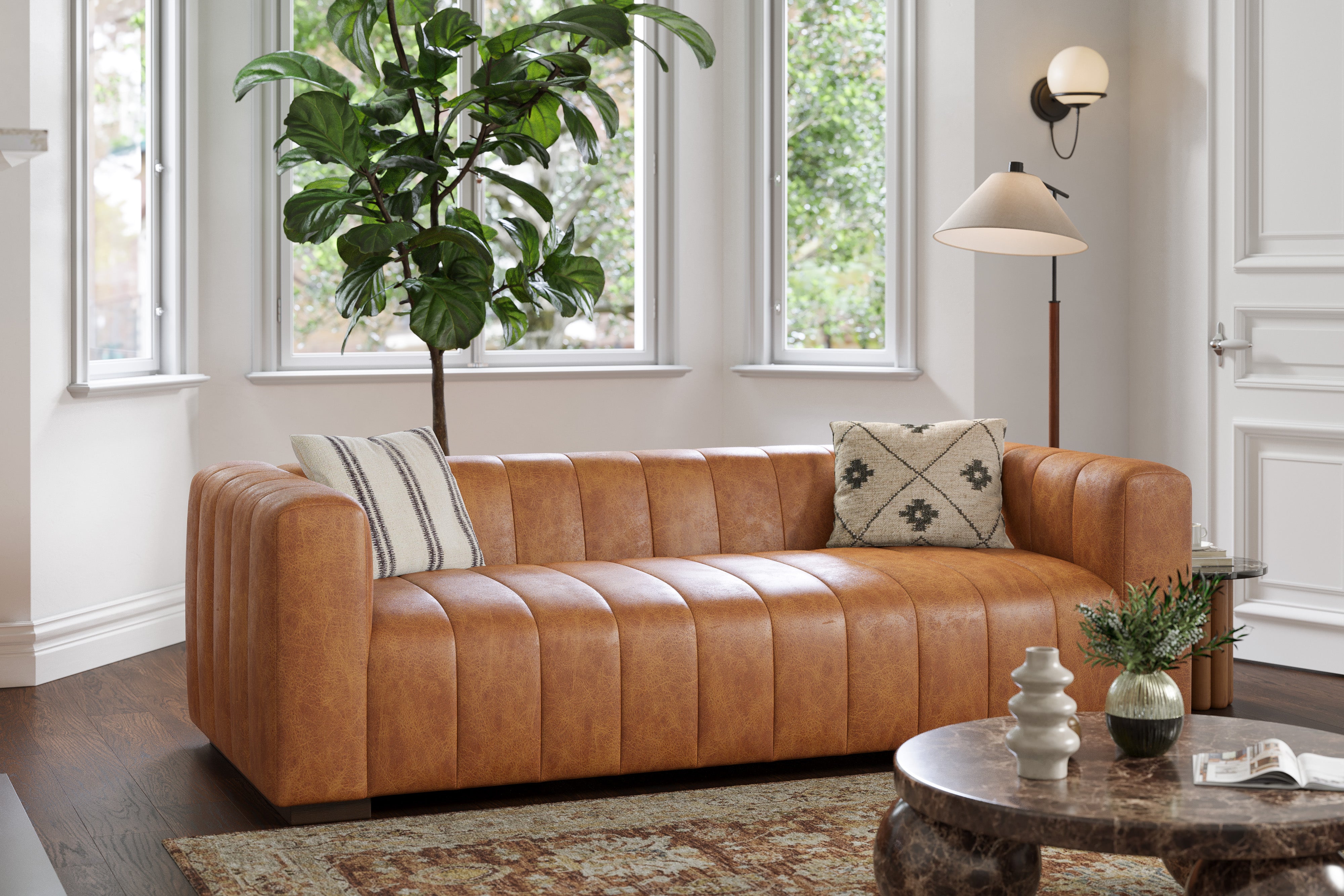 Valencia Victoria Top Grain Leather Three Seats Sofa, Cognac