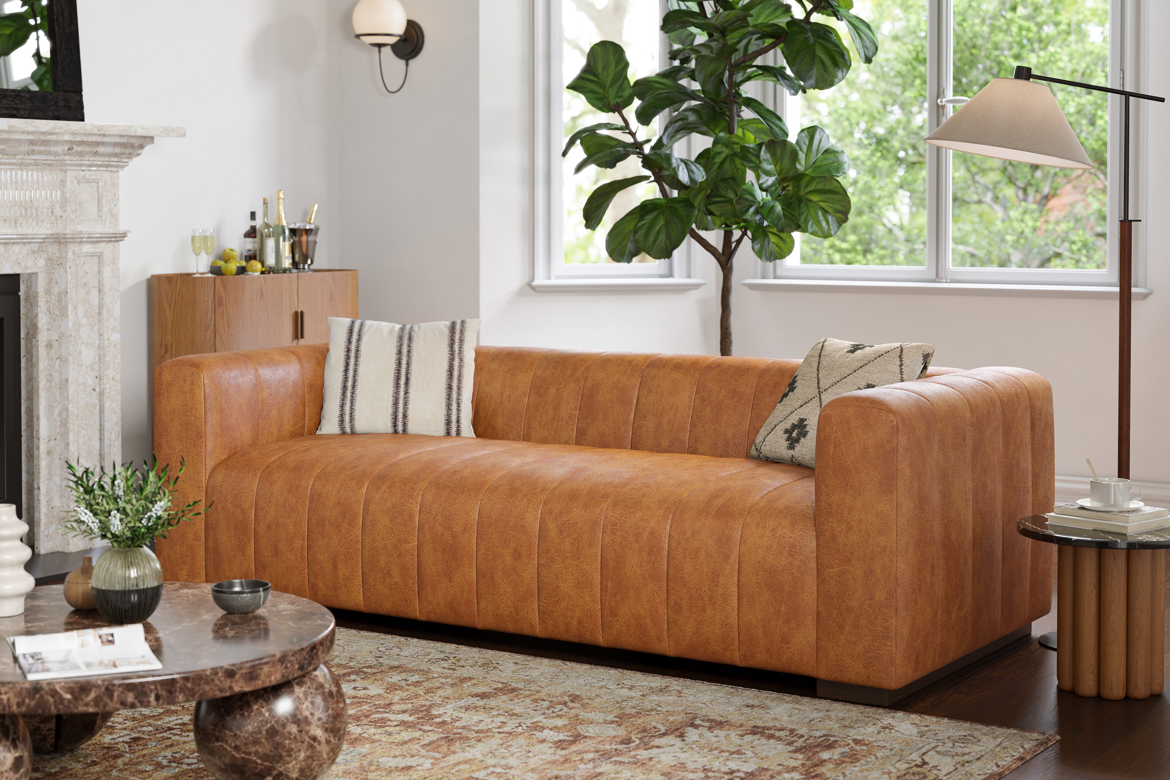 Valencia Victoria Top Grain Leather Three Seats Sofa, Cognac