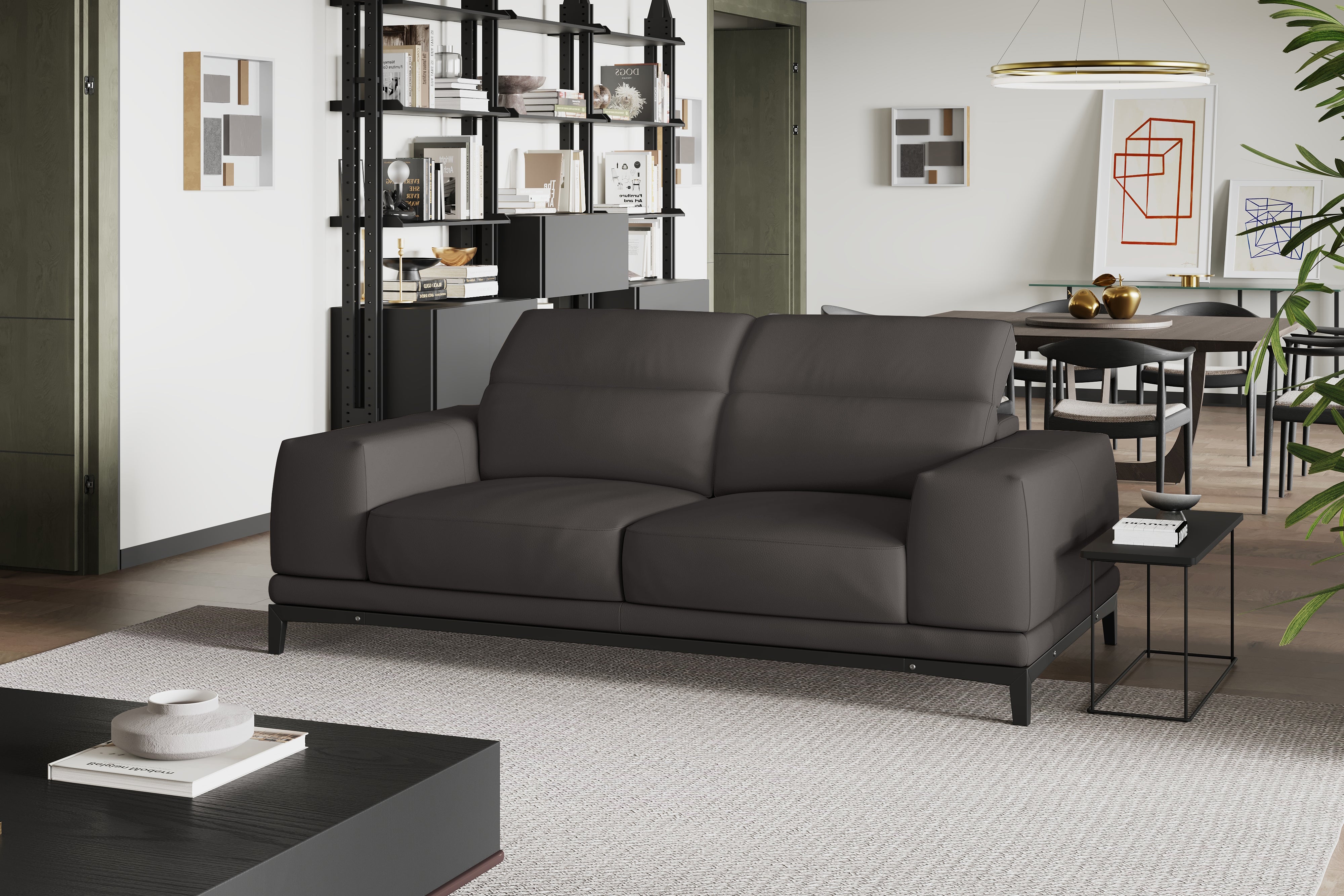 Valencia Valletta Top Grain Leather Loveseat Sofa, Dark Grey