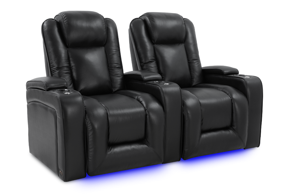 Left Angled Front View of A Luxurious, Midnight Black, Two seat, Wood and Steel Frame, Rome Premium Top-Grain Nappa Leather Theater Seating.