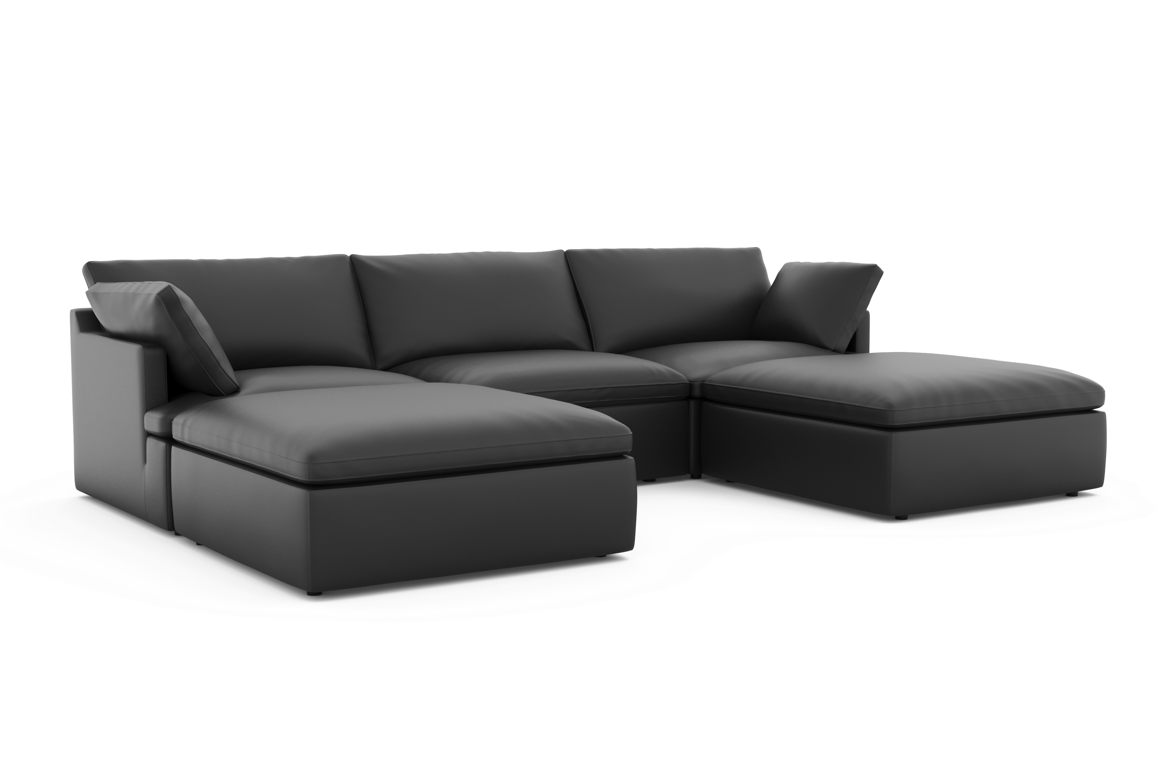 Valencia Isola Cloud Top Grain Leather Theater Lounge Modular Sofa Three Seats and 2 Ottomans, Black Color