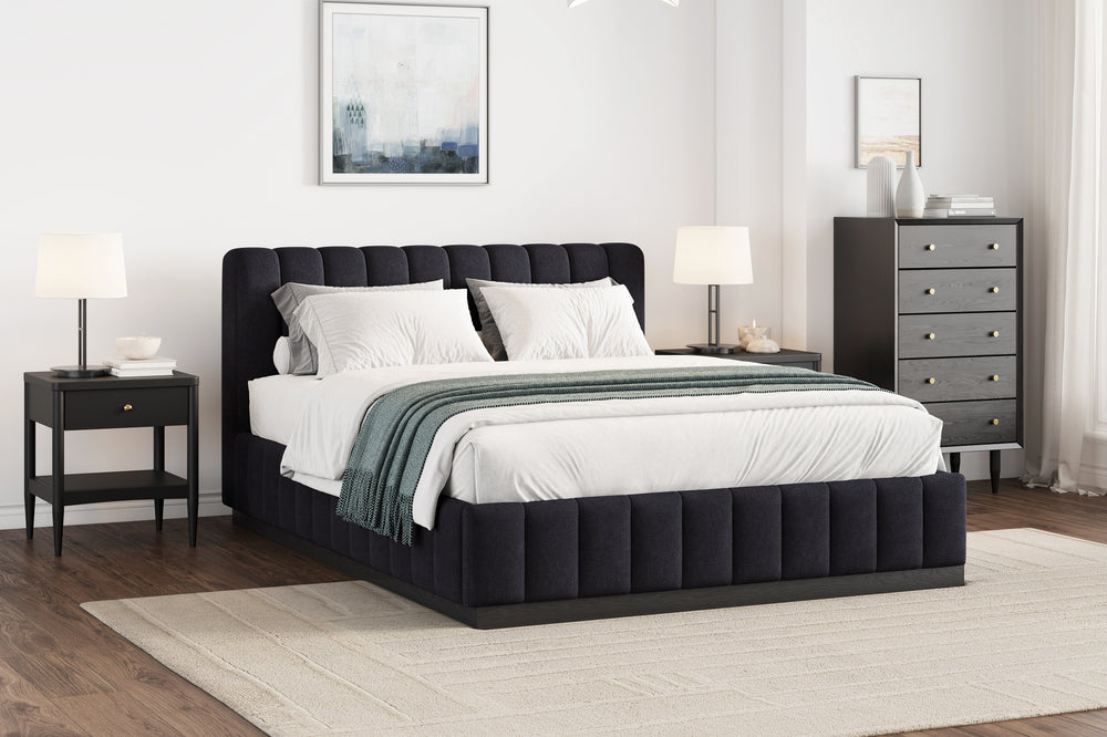 Valencia Reese Velvet Fabric Queen Bed Frame, Dark Navy