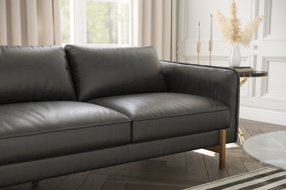 Right-Side, Closeup Seats and Armrest view of a Gabriele Leather Sofa in a Living Room