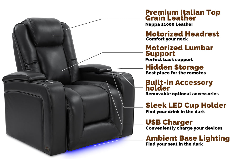 Left Angled Front View of A Luxurious, Midnight Black, Wood and Steel Frame, Rome Premium Top-Grain Nappa Leather Theater Seating with It's Individual Part Details Information.