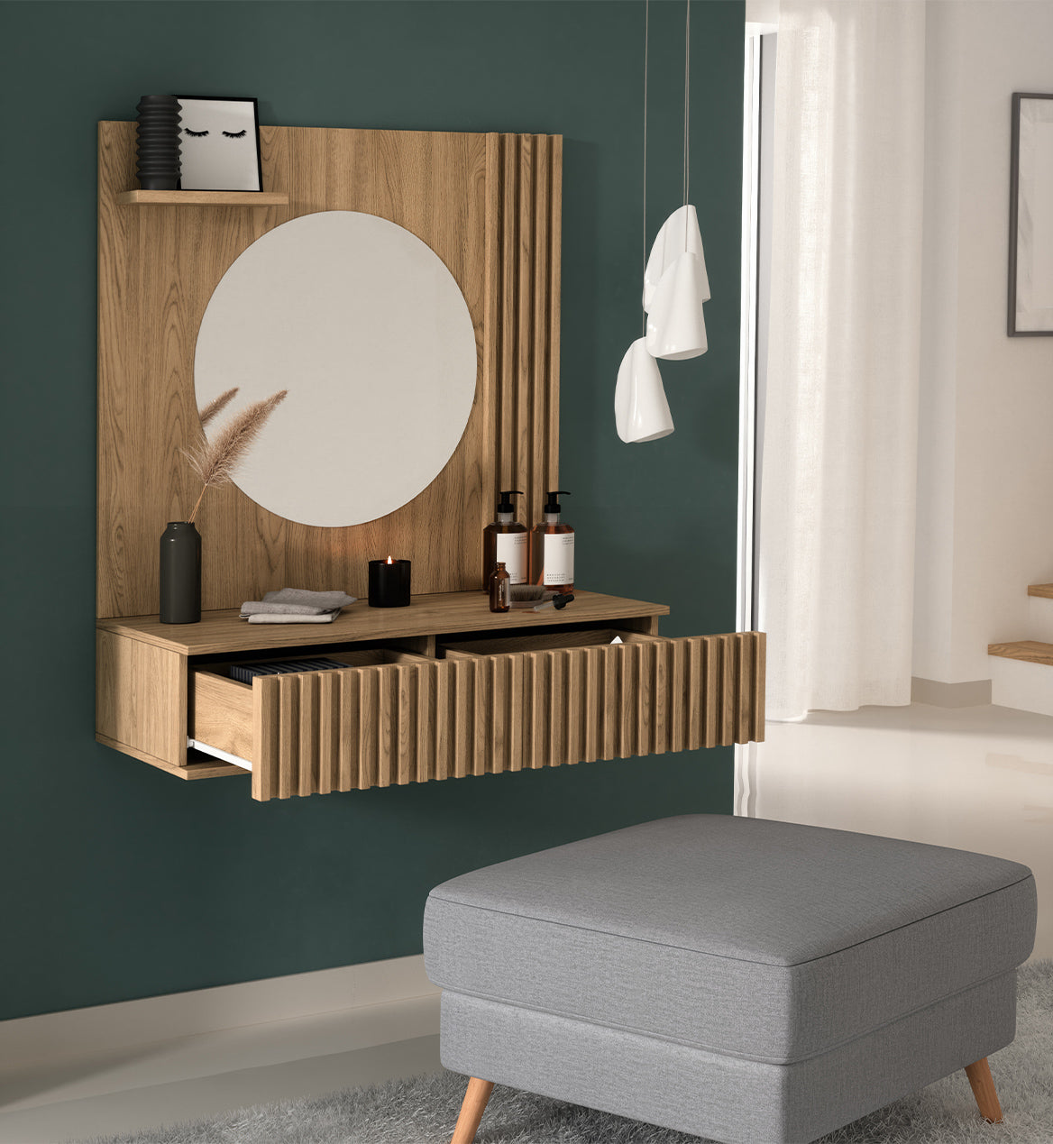 Entsian Oak Wood Paneled Floating Vanity w/Mirror - Artisan Oak