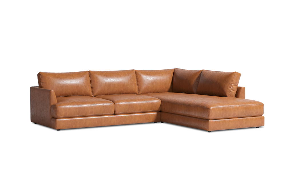 Valencia Serena Leather L-Shape with Right Chaise Sectional Sofa, Cognac