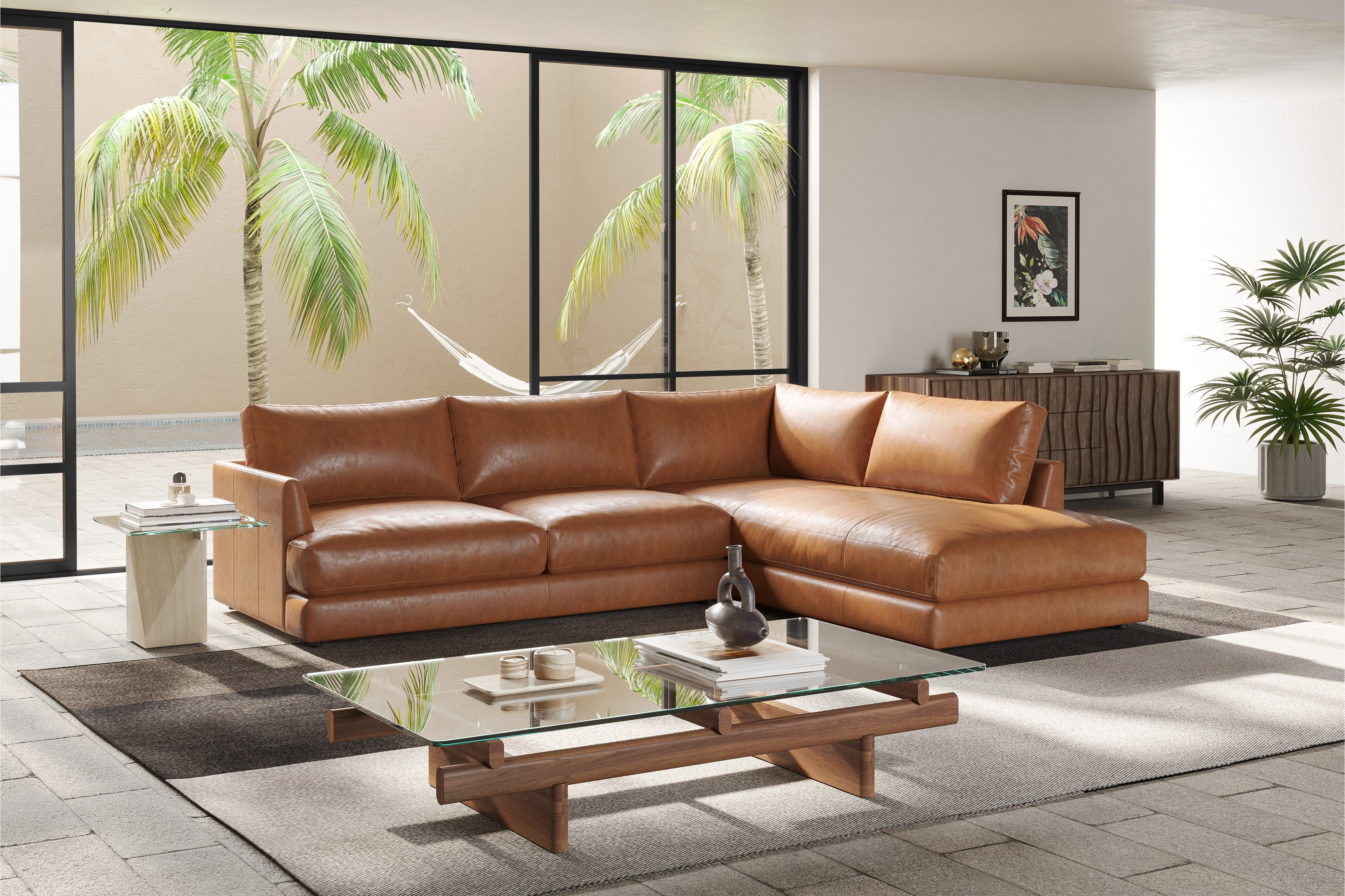 Valencia Serena Leather 2-Piece Right Bumper Chaise Sectional Sofa, Cognac