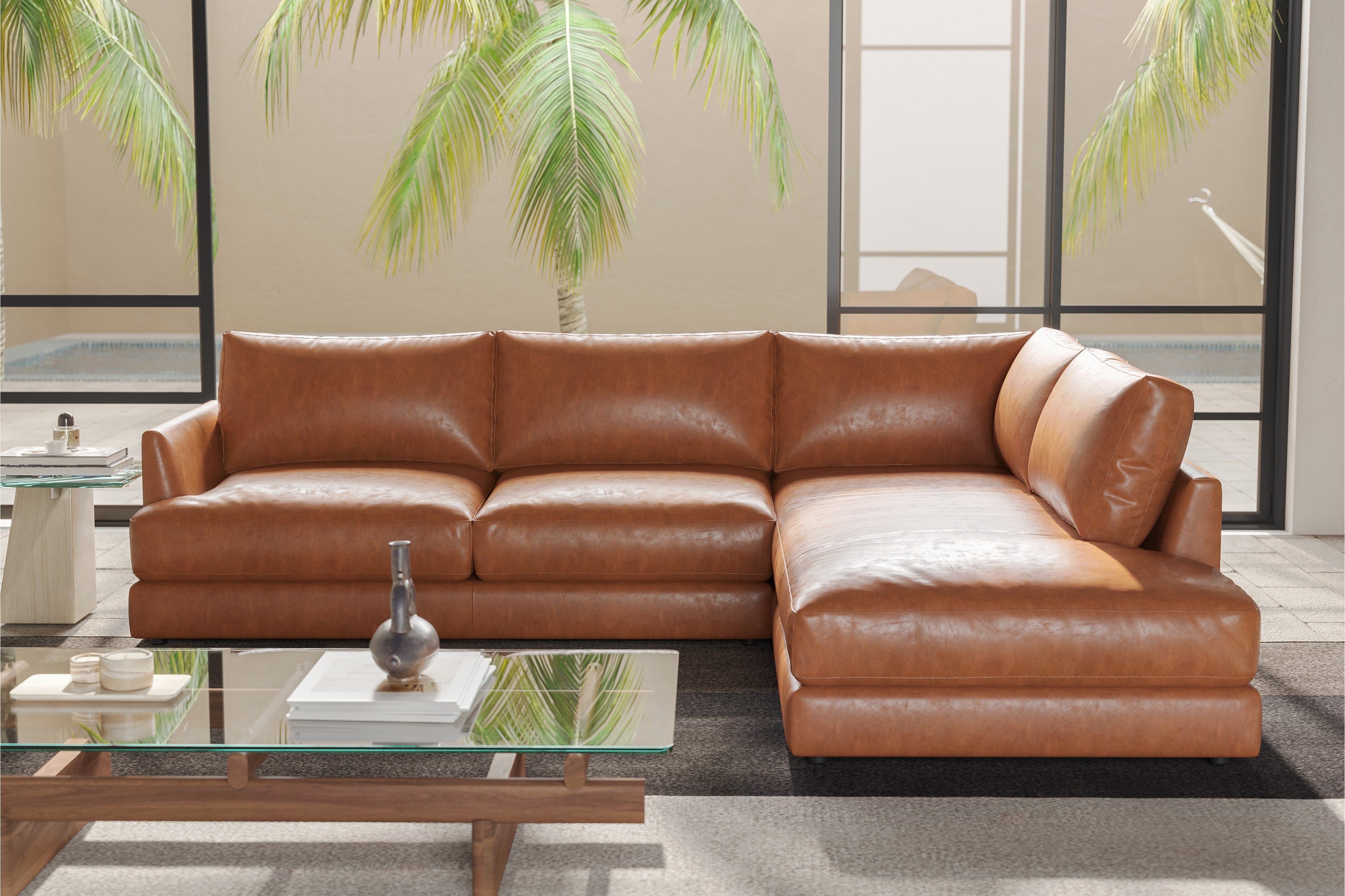 Valencia Serena Leather 2-Piece Right Bumper Chaise Sectional Sofa, Cognac