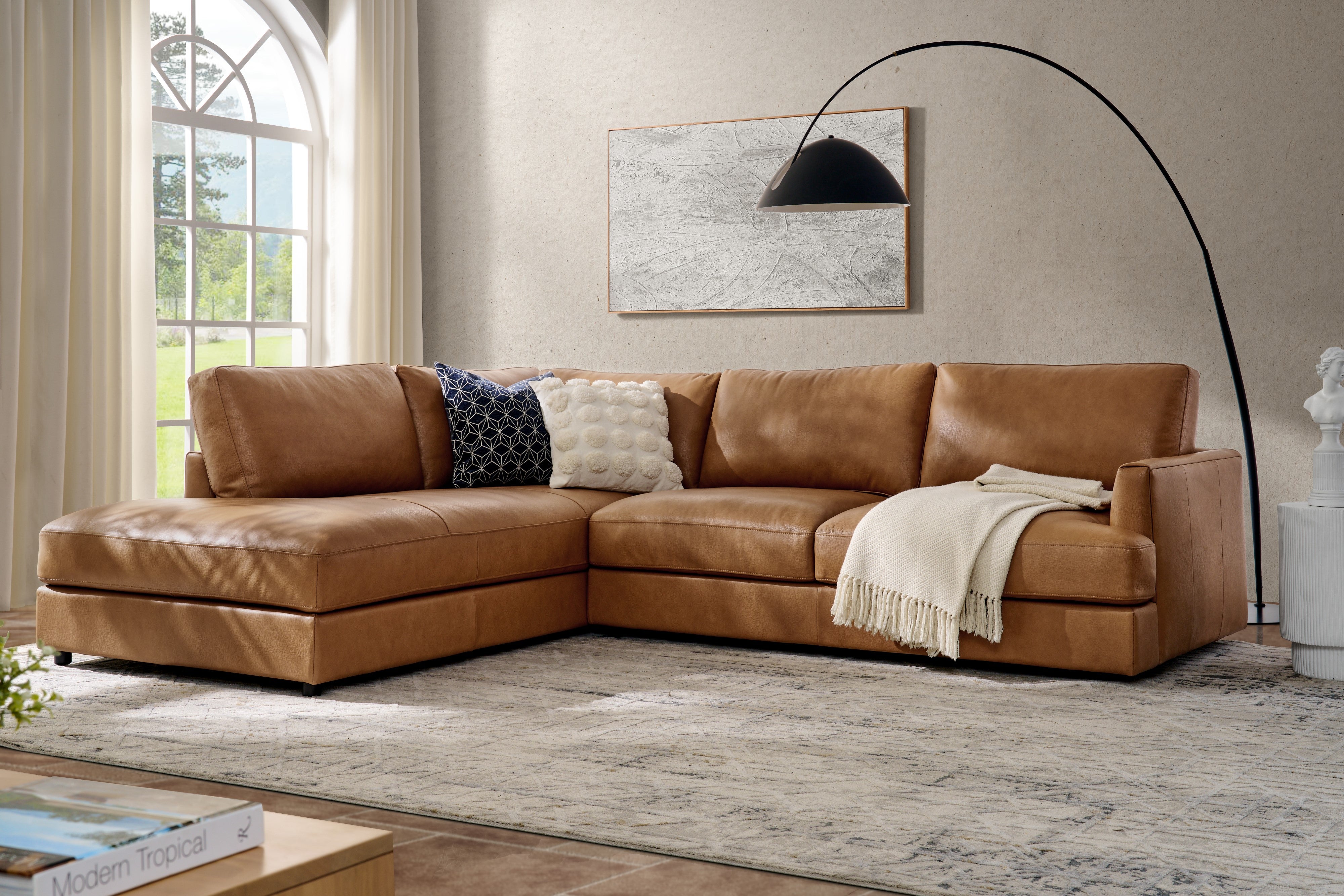 Valencia Serena Leather 2-Piece Left Bumper Chaise Sectional Sofa, Cognac