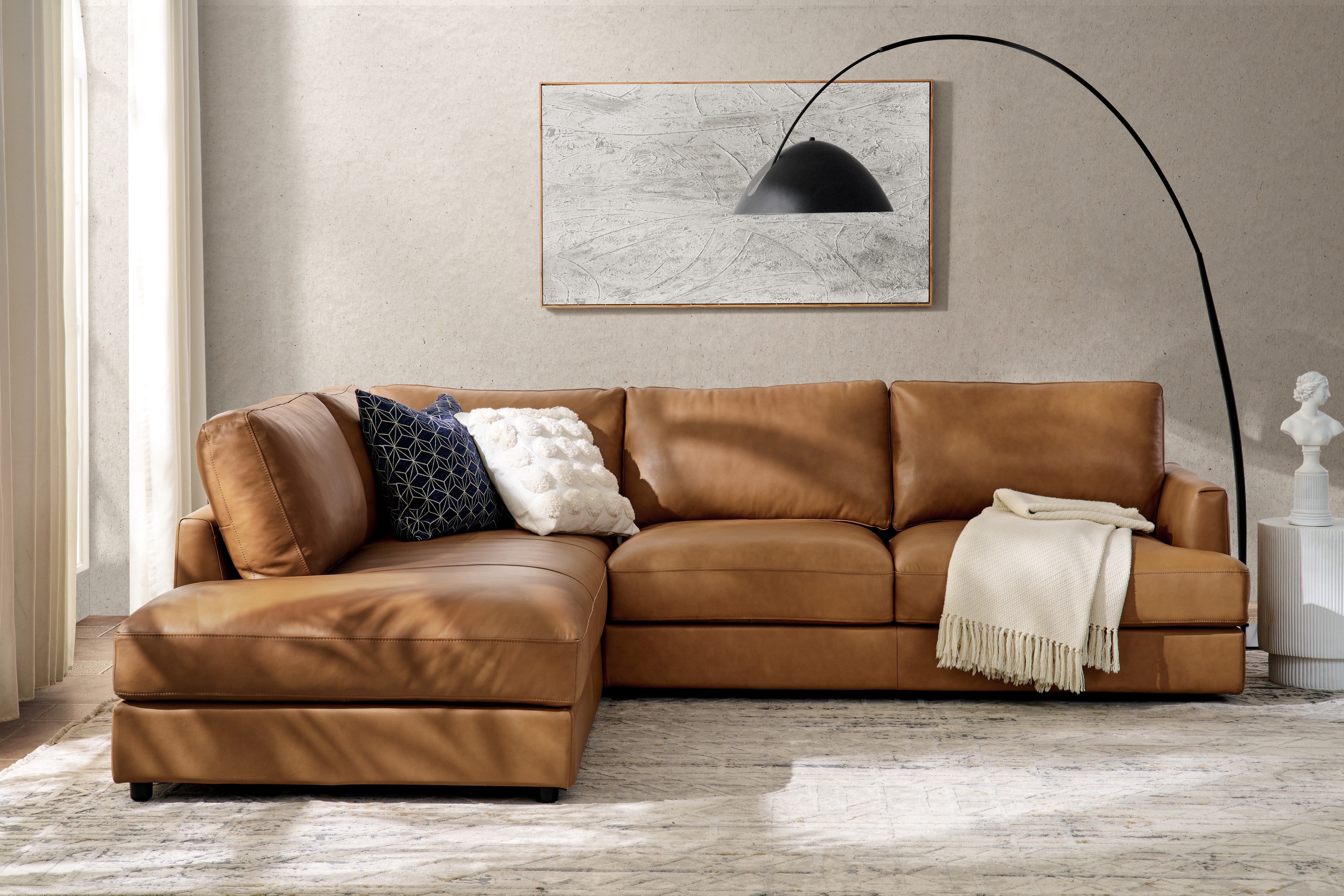 Valencia Serena Leather 2-Piece Left Bumper Chaise Sectional Sofa, Cognac