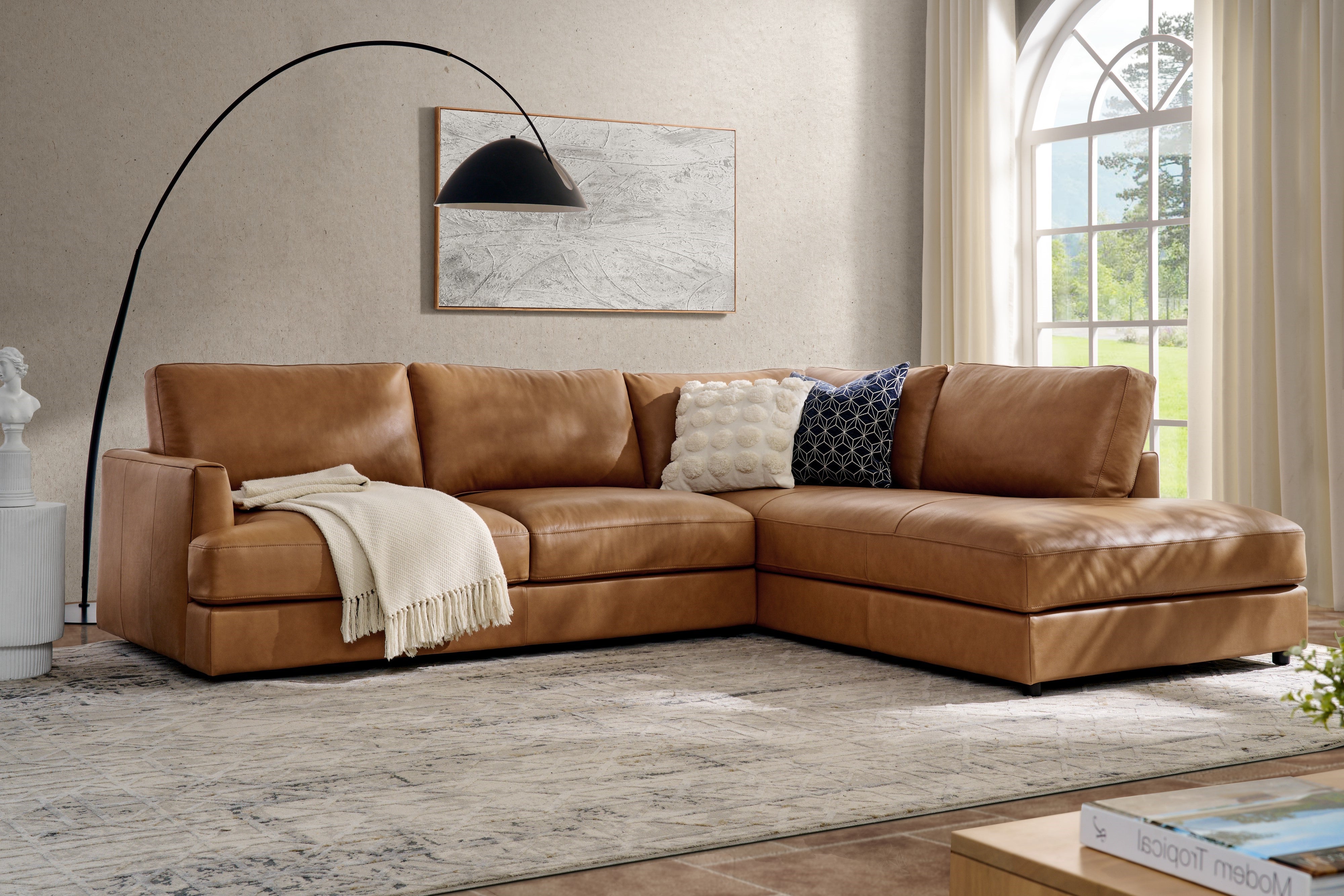 Valencia Serena Leather 2-Piece Right Bumper Chaise Sectional Sofa, Cognac