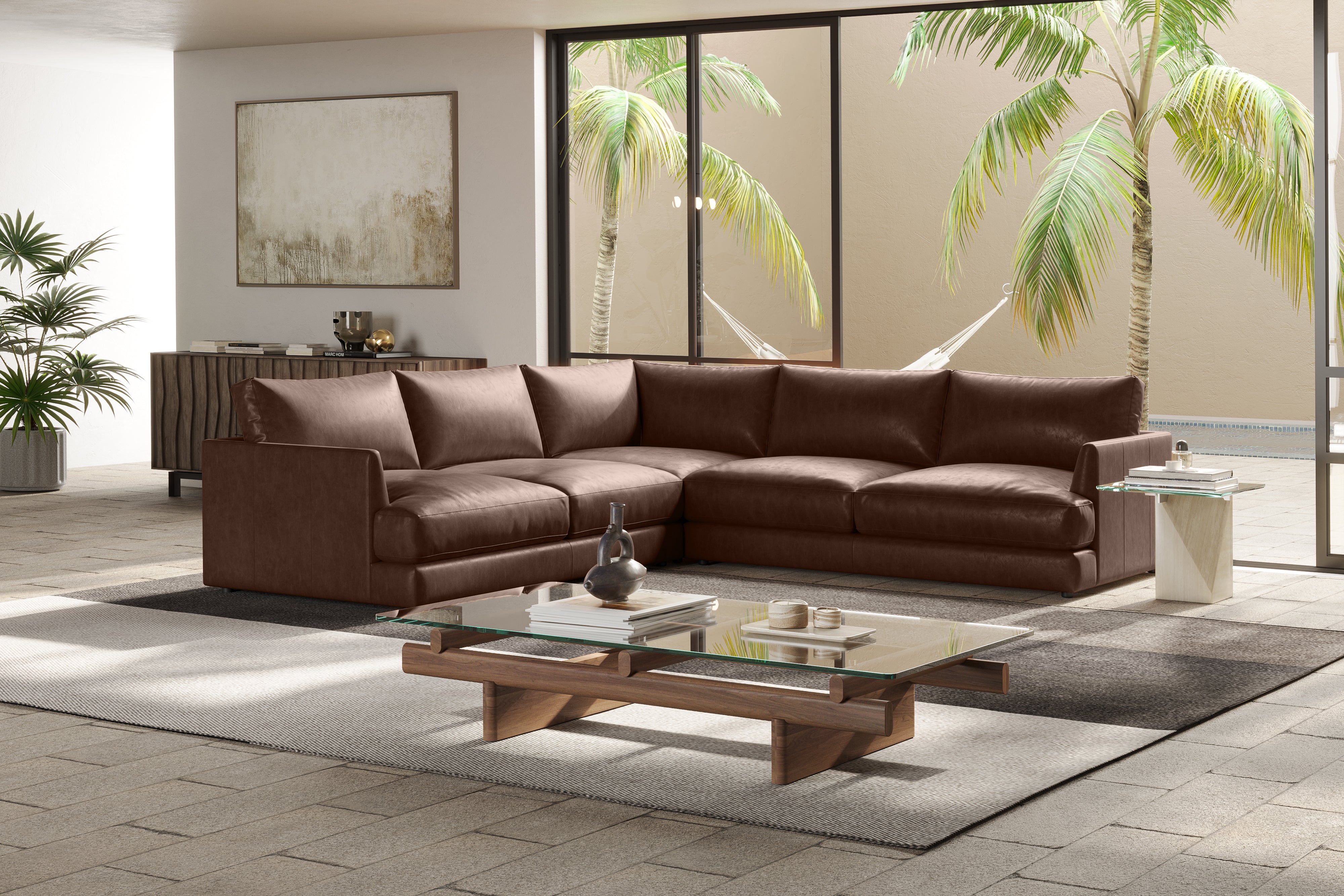 Valencia Serena Leather L-Shape Sectional Sofa, Brown