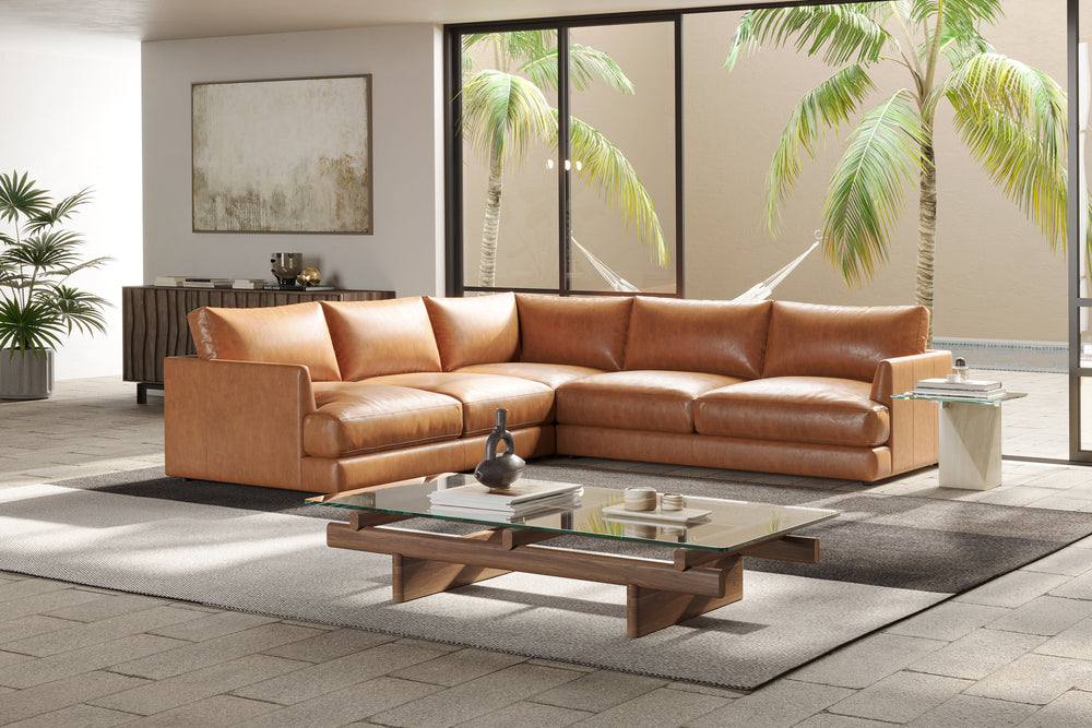 Valencia Serena Leather L-Shape Sectional Sofa, Cognac