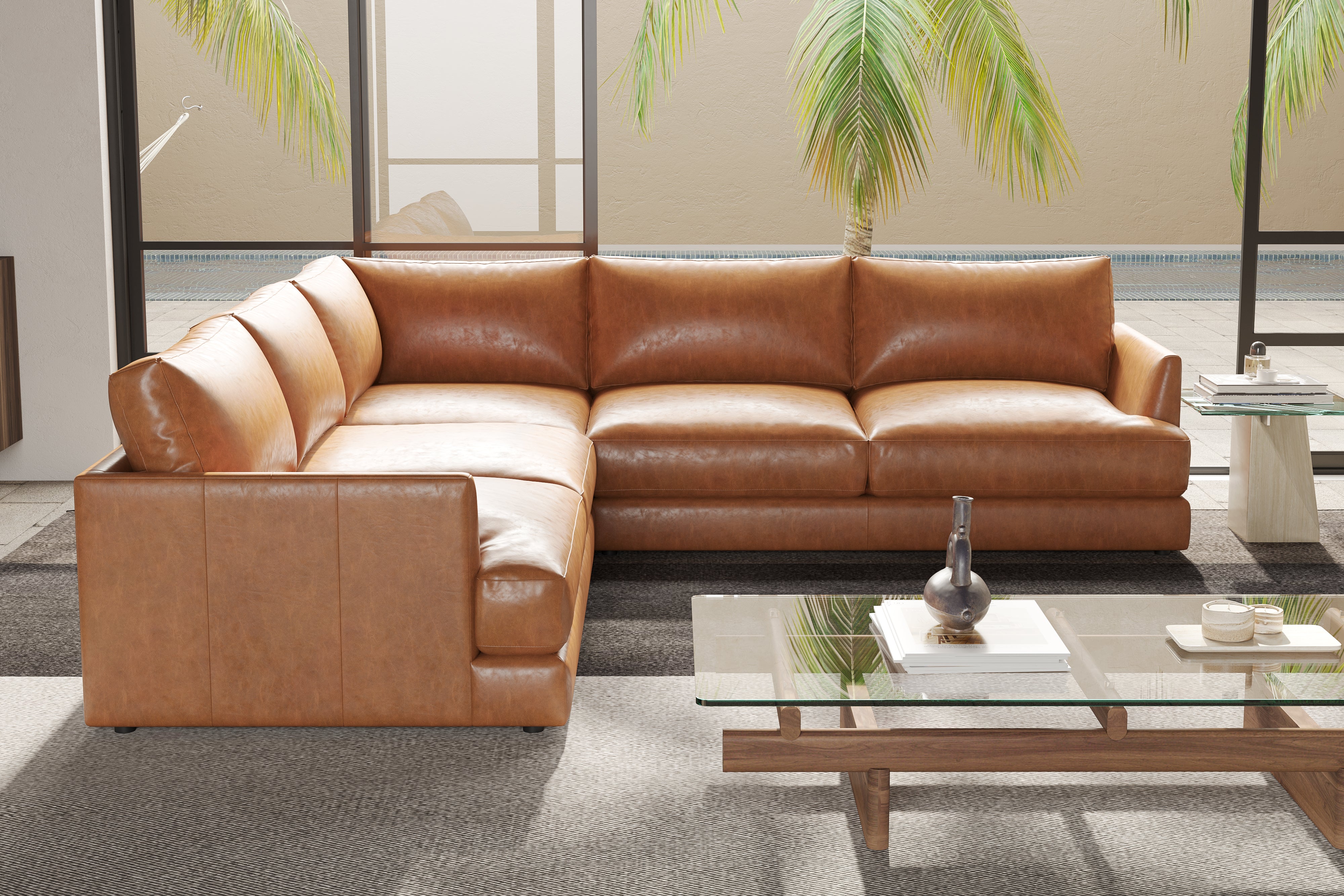 Valencia Serena Leather L-Shape Sectional Sofa, Cognac