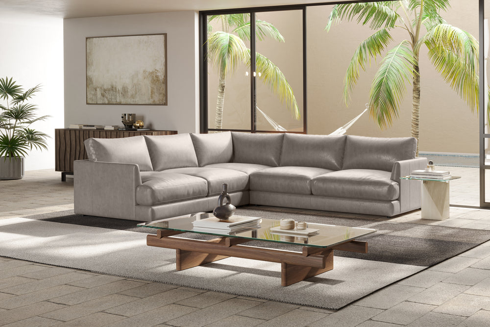 Valencia Serena Leather L-Shape Sectional Sofa, Light Grey