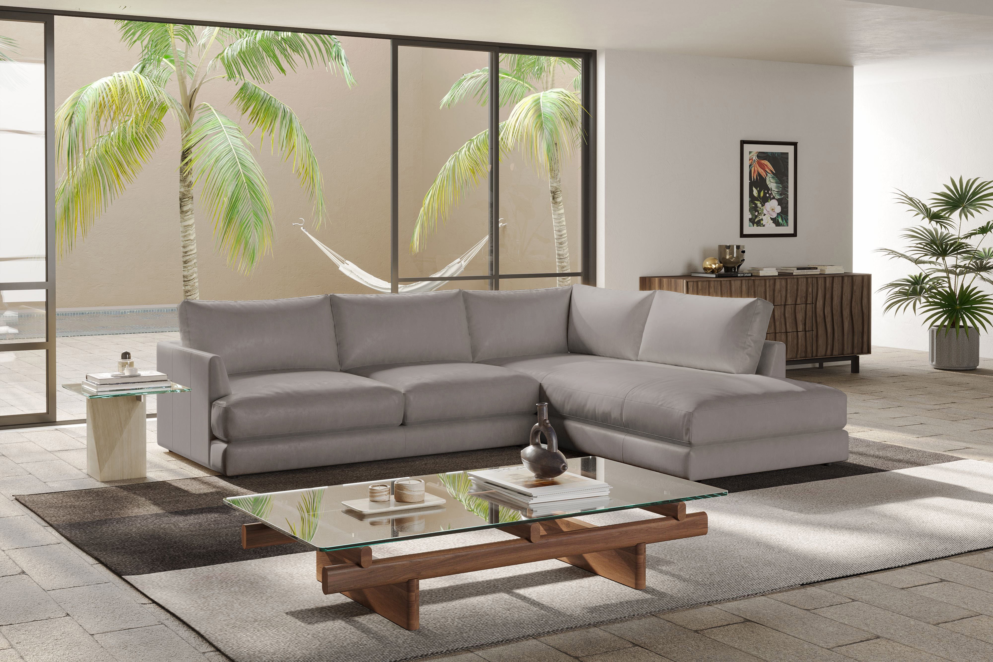 Valencia Serena Leather 2-Piece Right Bumper Chaise Sectional Sofa, Light Grey