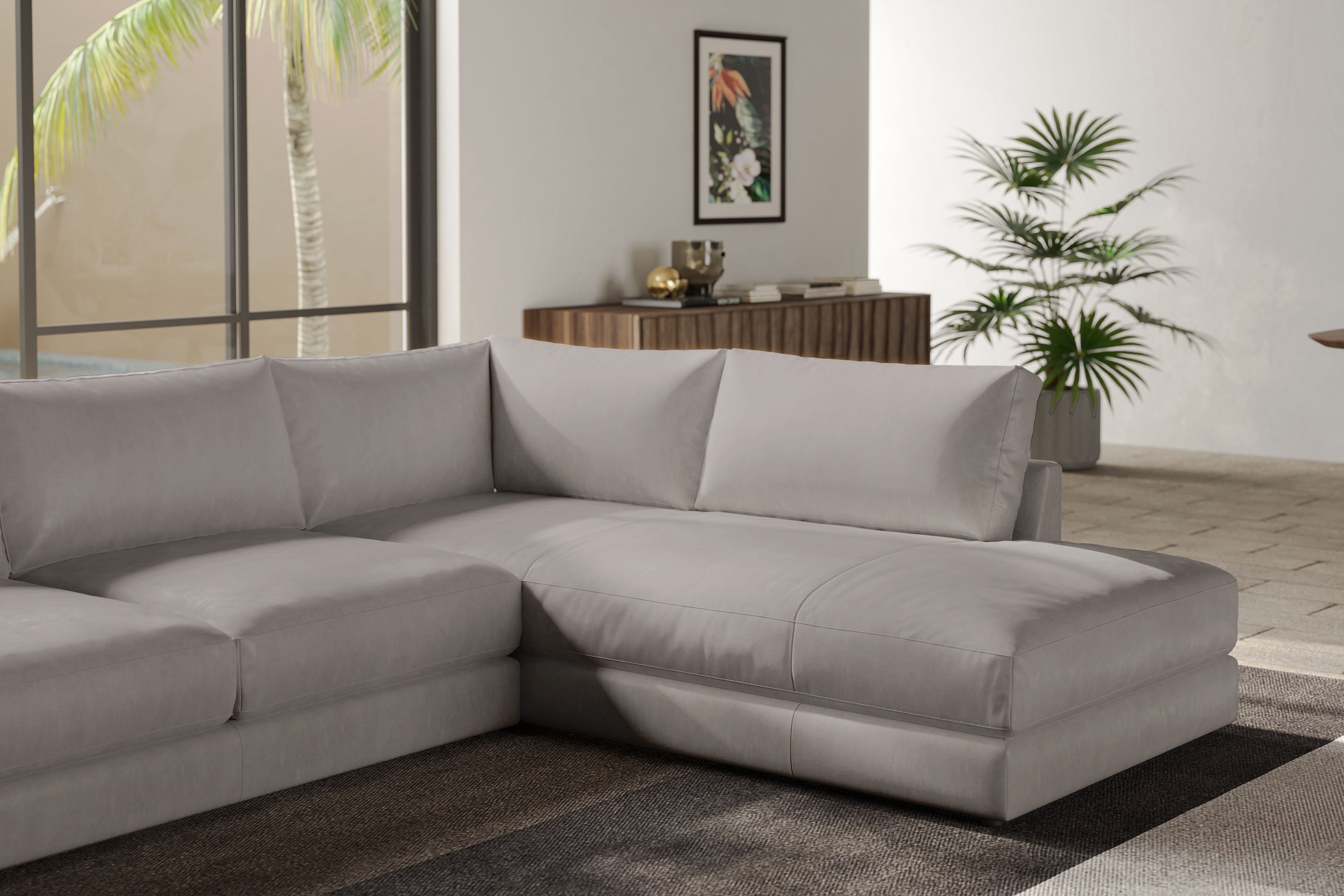 Valencia Serena Leather 2-Piece Right Bumper Chaise Sectional Sofa, Light Grey