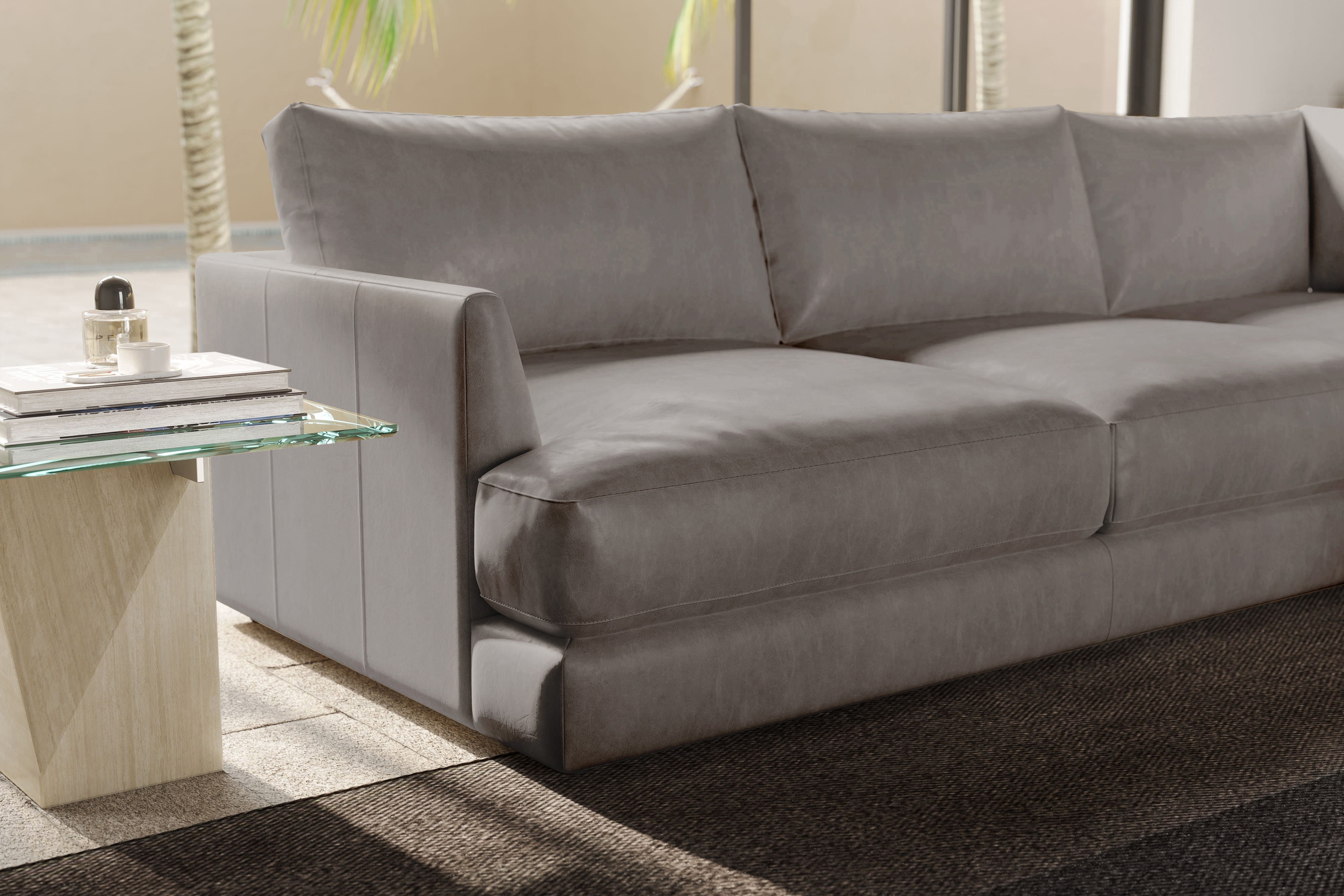 Valencia Serena Leather 2-Piece Right Bumper Chaise Sectional Sofa, Light Grey