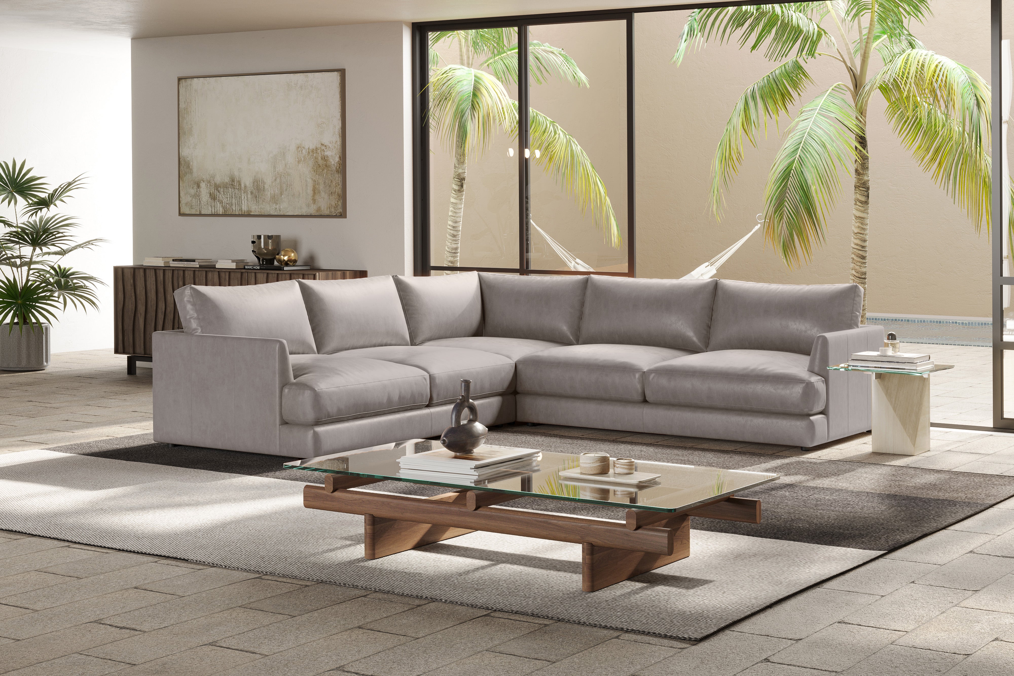 Valencia Serena Leather L-Shape Sectional Sofa, Light Grey