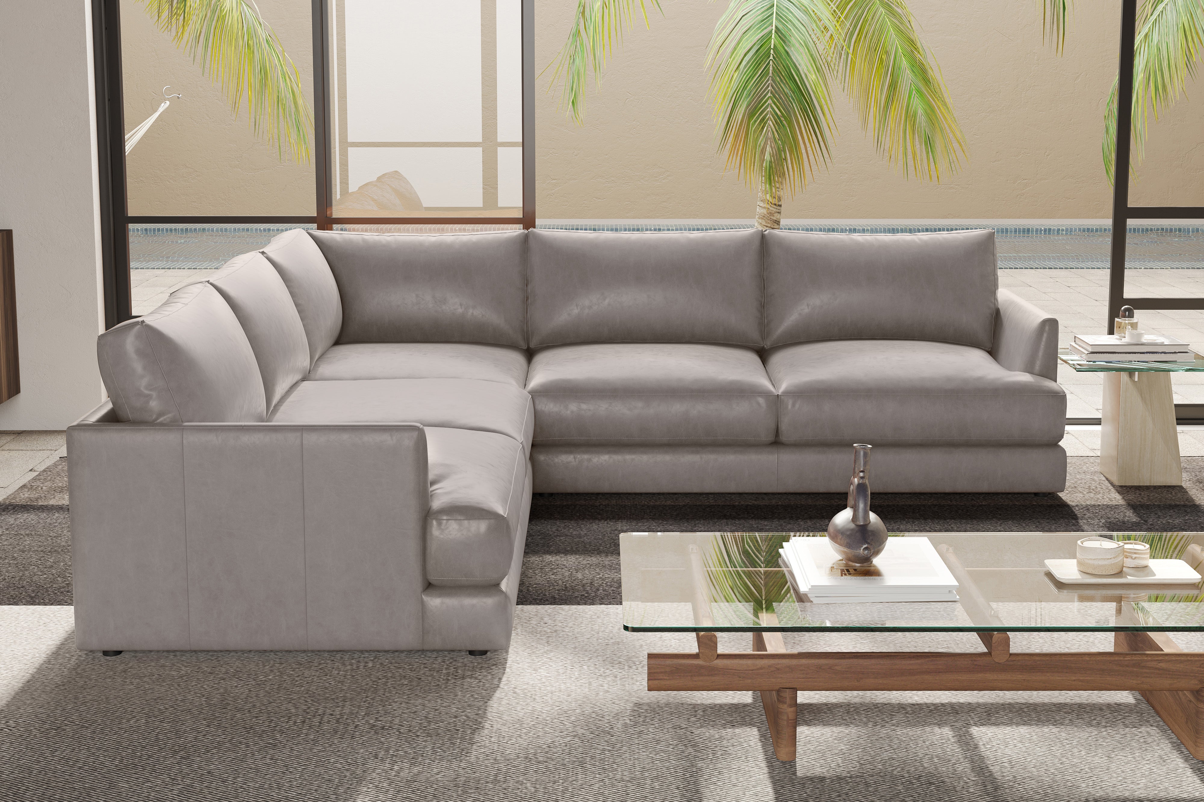 Valencia Serena Leather L-Shape Sectional Sofa, Light Grey