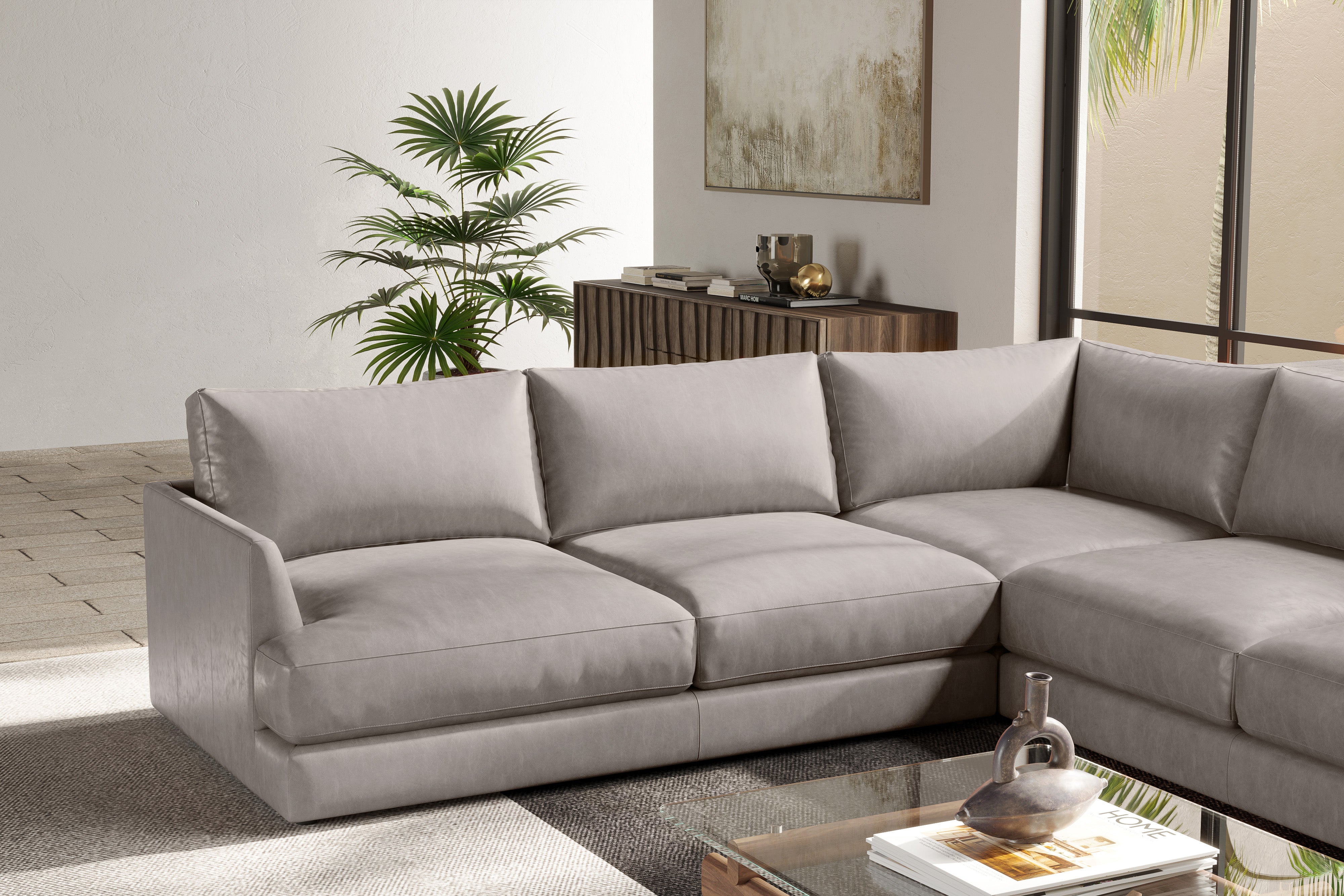 Valencia Serena Leather L-Shape Sectional Sofa, Light Grey