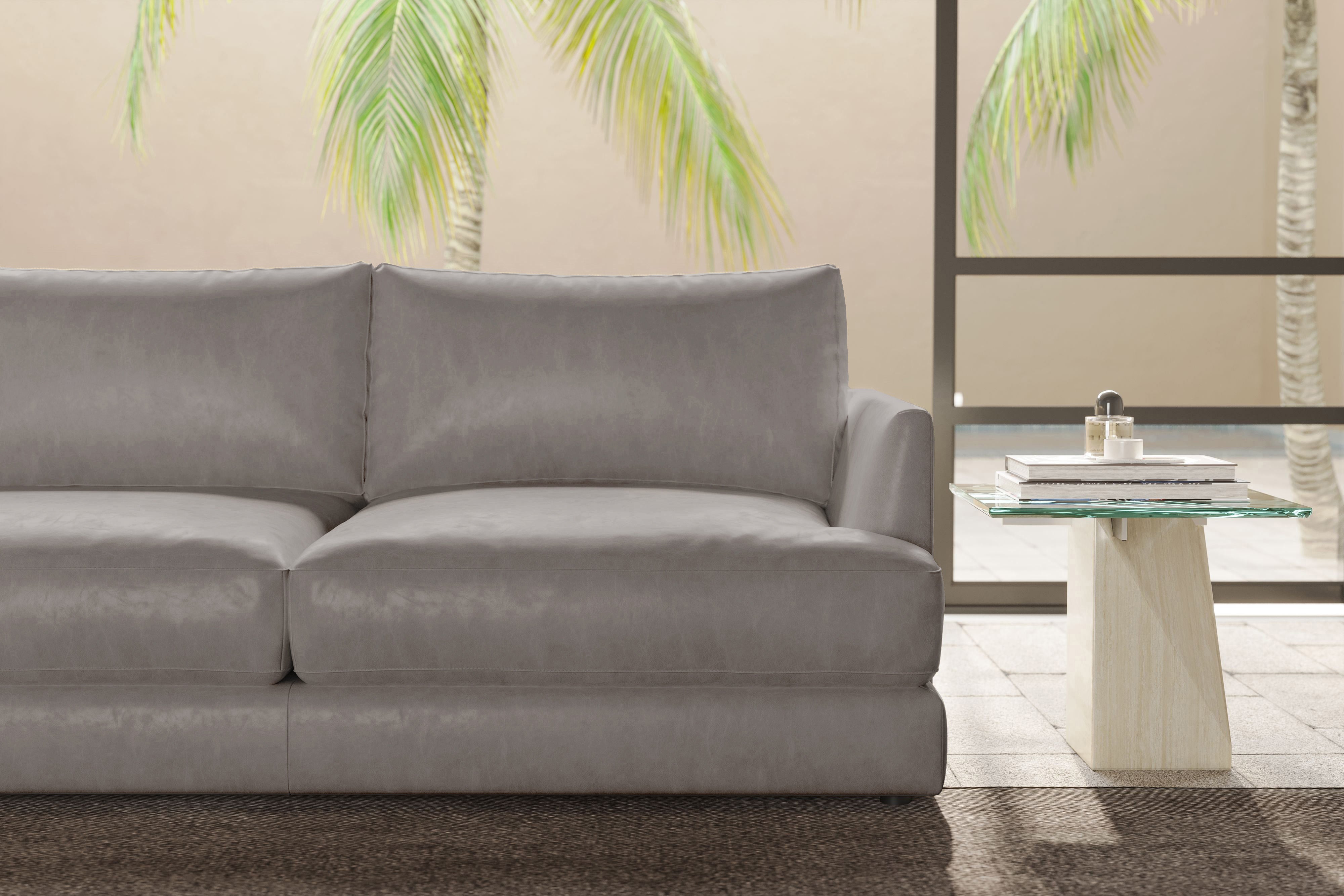 Valencia Serena Leather L-Shape Sectional Sofa, Light Grey