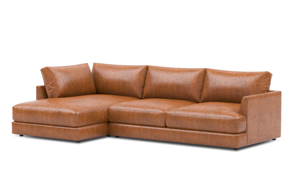 Valencia Serena Leather Three Seats with Left Chaise Sectional Sofa, Cognac