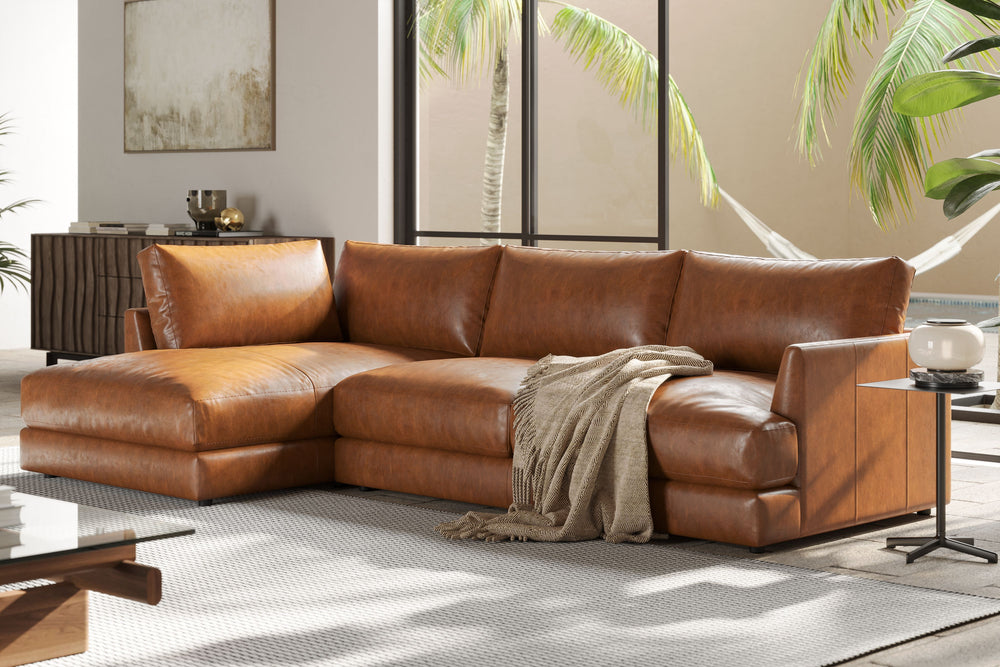 Valencia Serena Leather Three Seats with Left Chaise Sectional Sofa, Cognac