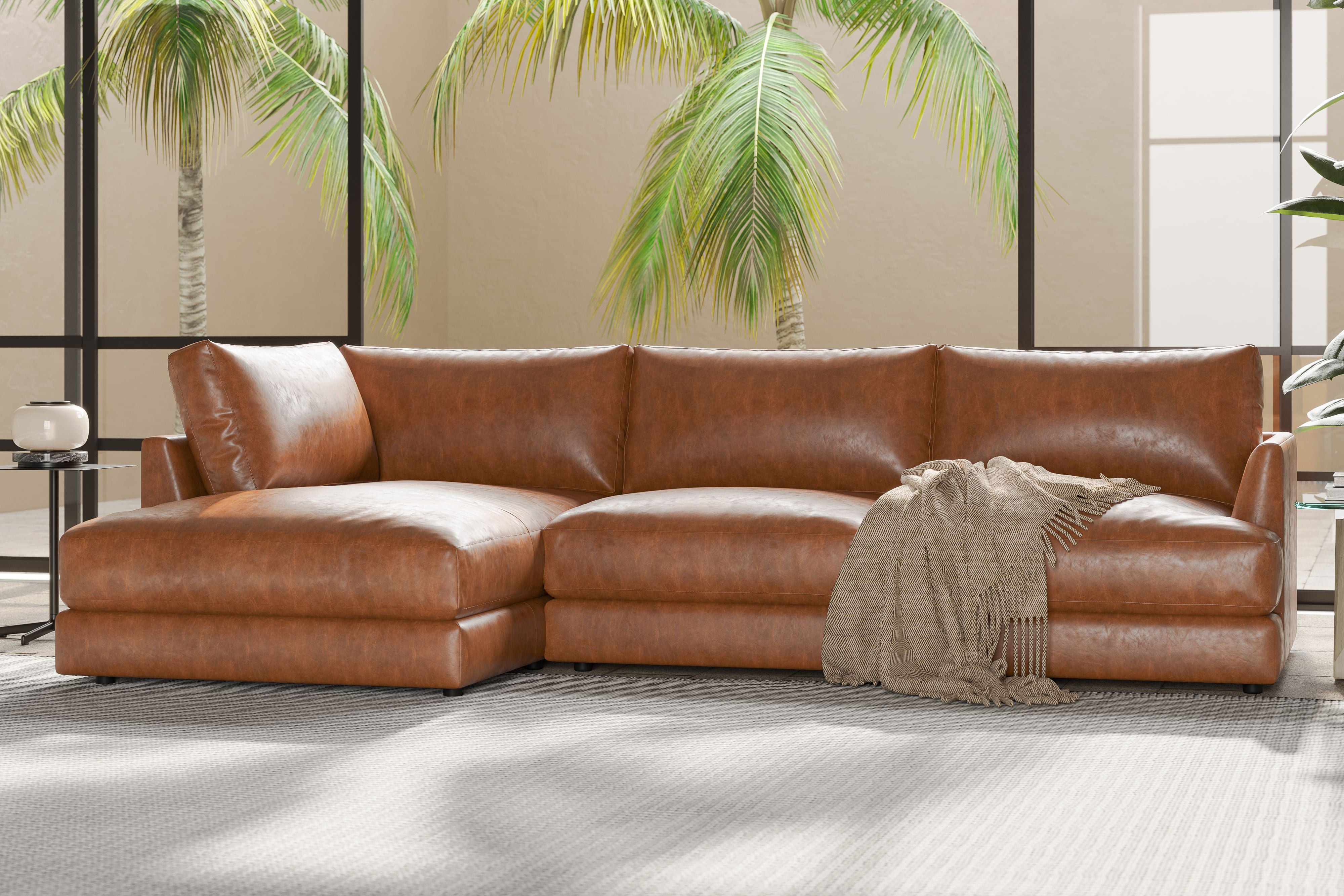 Valencia Serena Leather Three Seats with Left Chaise Sectional Sofa, Cognac