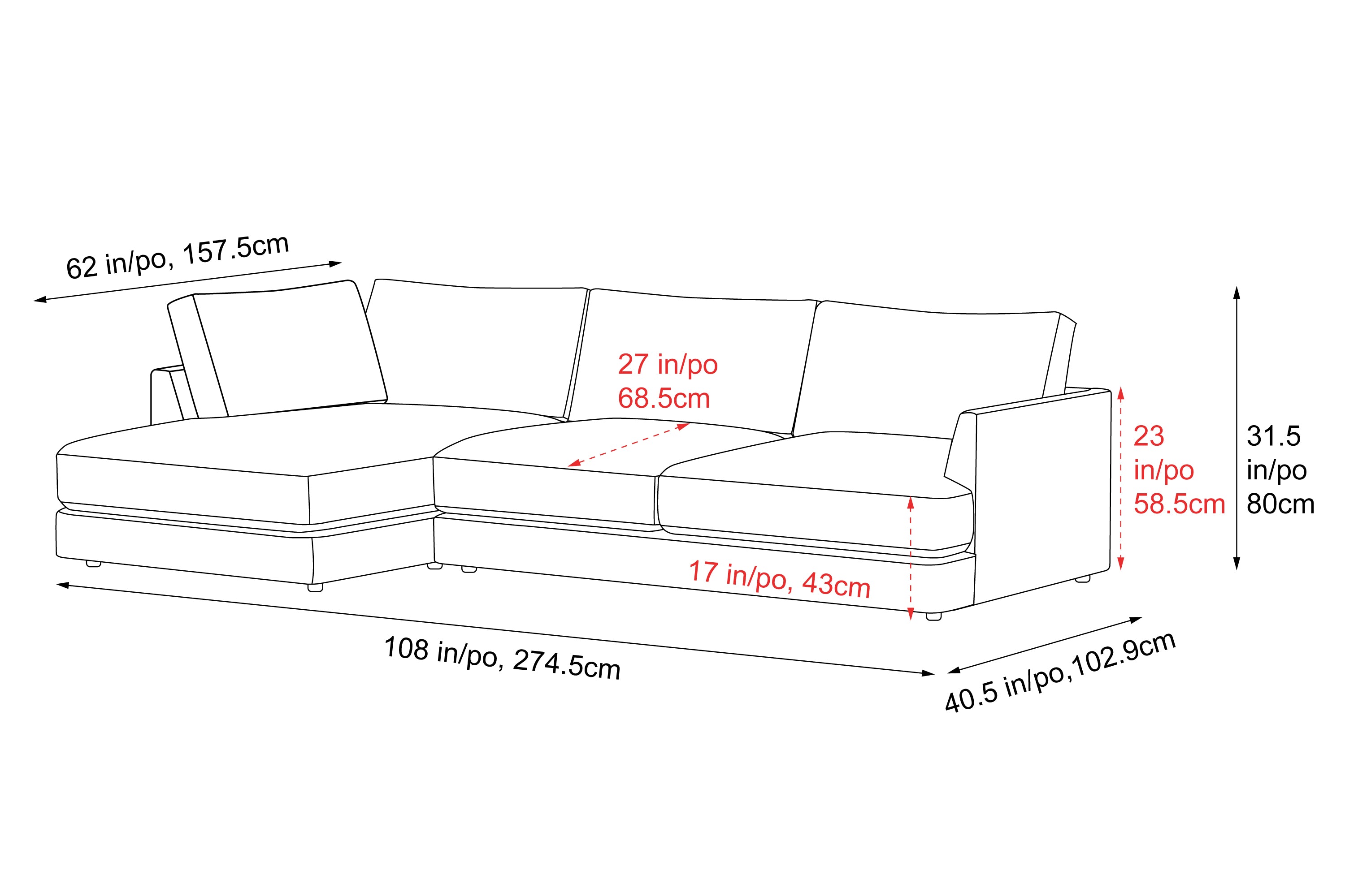 Valencia Serena Leather Three Seats with Left Chaise Sectional Sofa, Black