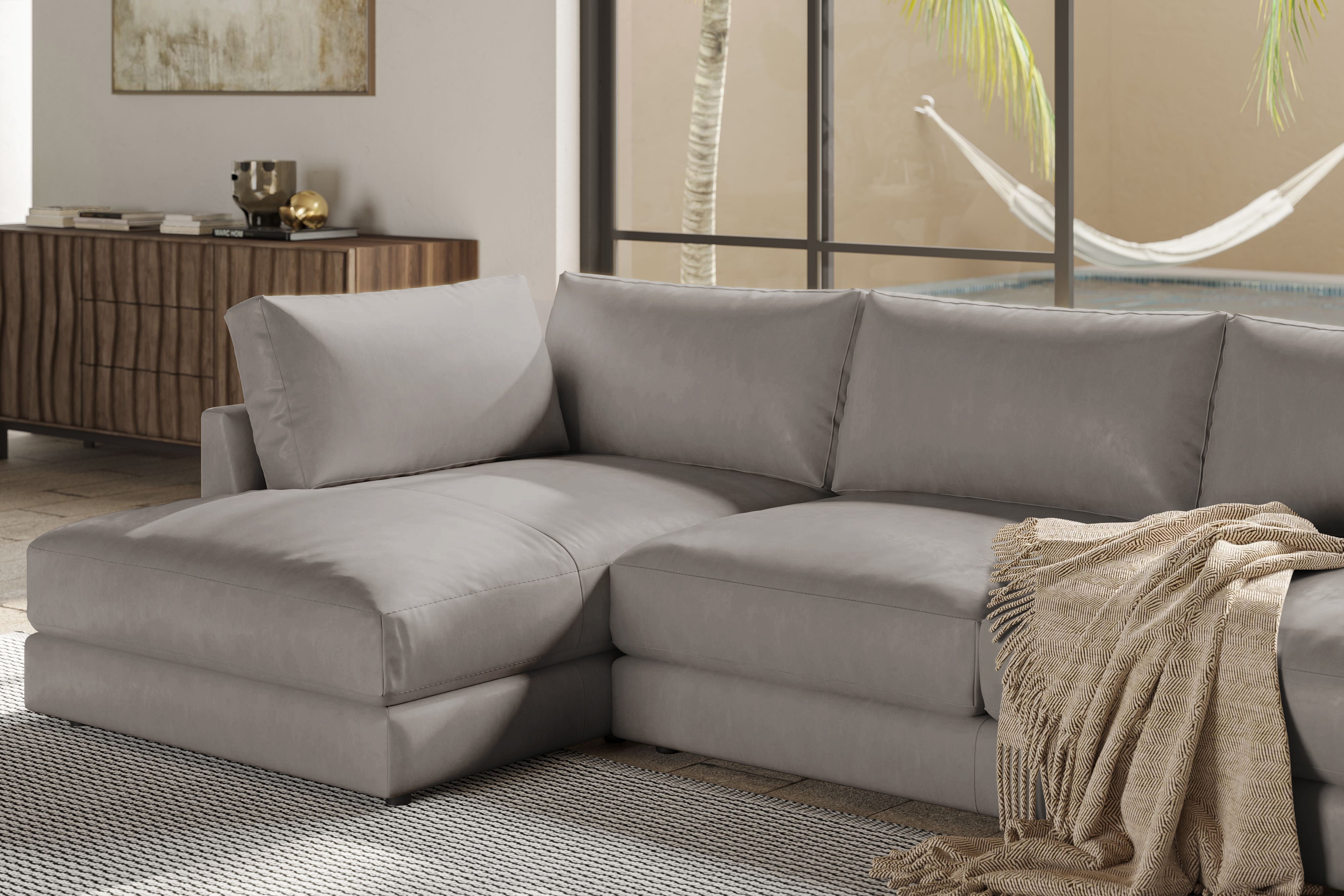 Valencia Serena Leather Three Seats with Left Chaise Sectional Sofa, Light Grey