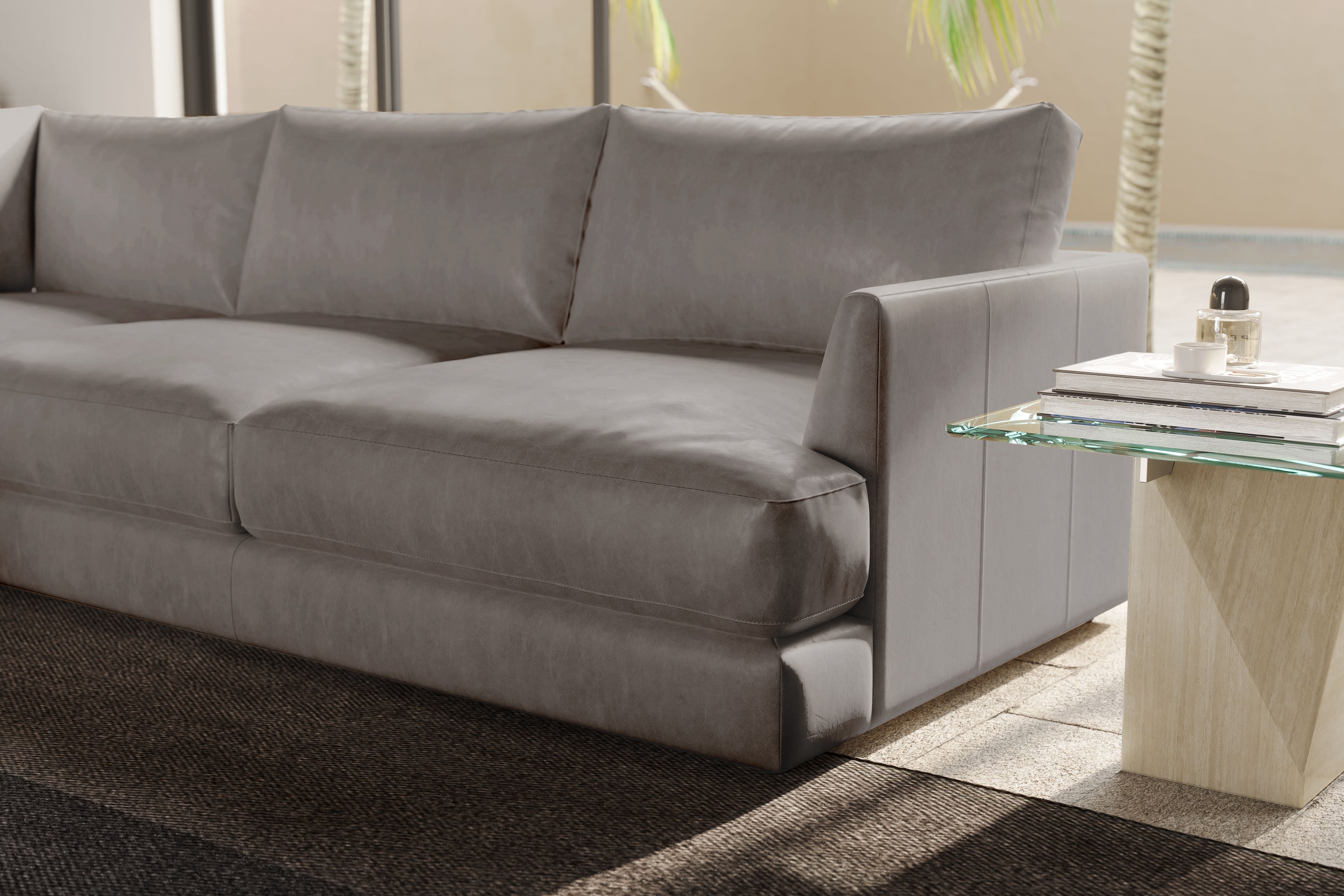 Valencia Serena Leather Three Seats with Left Chaise Sectional Sofa, Light Grey