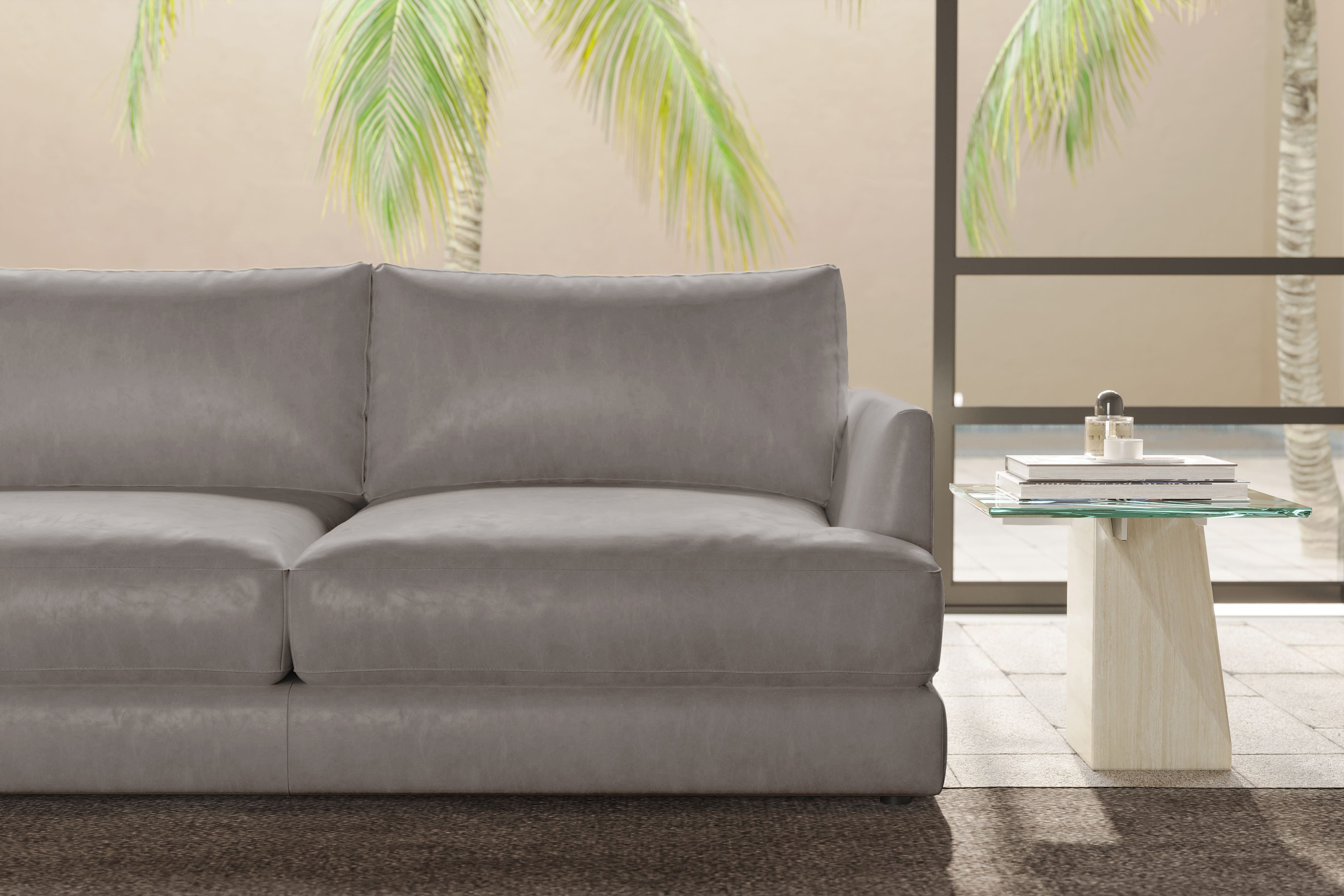 Valencia Serena Leather Three Seats with Left Chaise Sectional Sofa, Light Grey