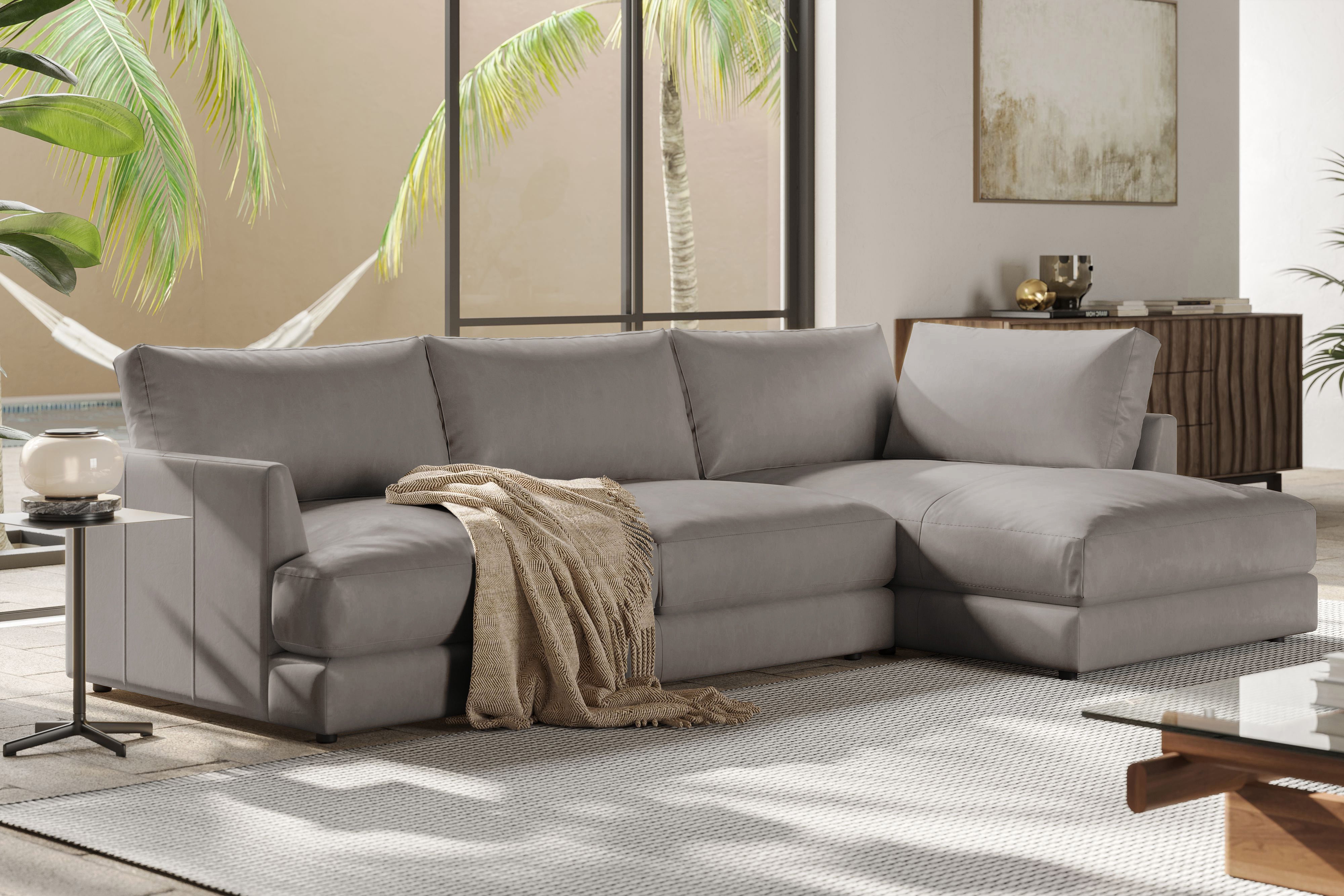 Valencia Serena Leather Three Seats with Right Chaise Sectional Sofa, Light Grey