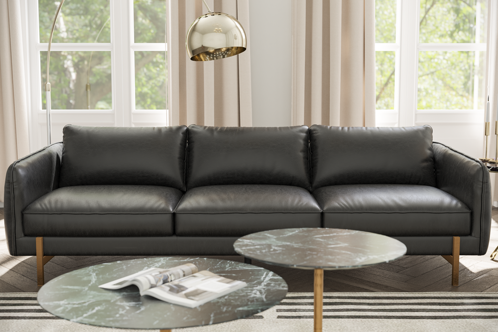 Straight Front view of a Gabriele Leather Sofa in a Living Room