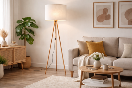 TOKYO Beige Linen Floor Lamp for Living Room, Bedroom & Reading Nook – Scandinavian Minimalist Design