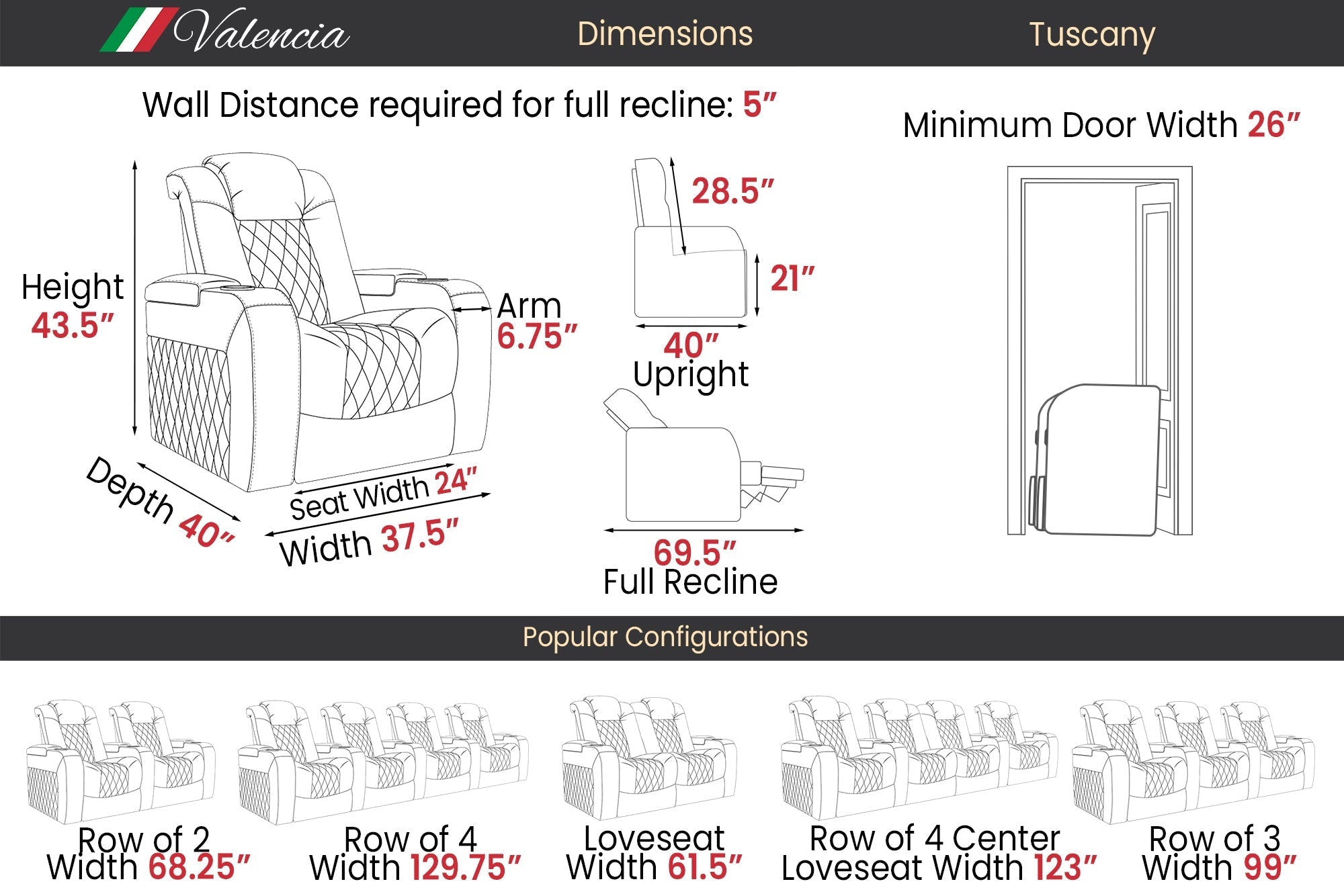 Valencia Tuscany Ultimate with Heat & Ventilation Full Leather Home Theater Seating