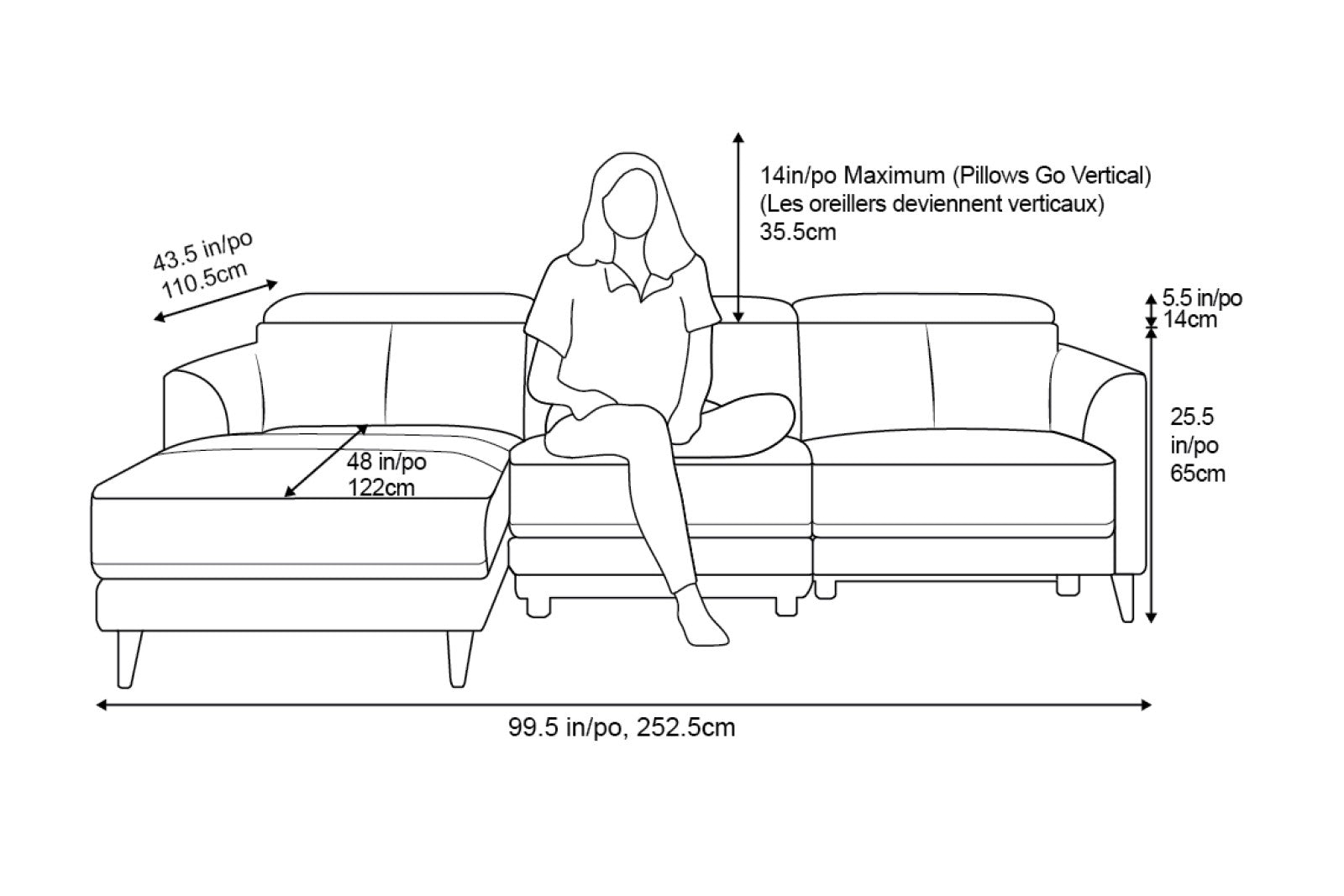 Additional Dimension of A Modern, Grey, Three Seats with Left Hand Facing Reclining, Top Grain Leather Andria Sectional Sofa on a White Background, Height 31" Inch / 79 CM, Wide 99.5 Inch / 252.5 CM, Depth 43.5" Inch / 110.5 CM, Seat Depth 22" Inch / 56 CM,