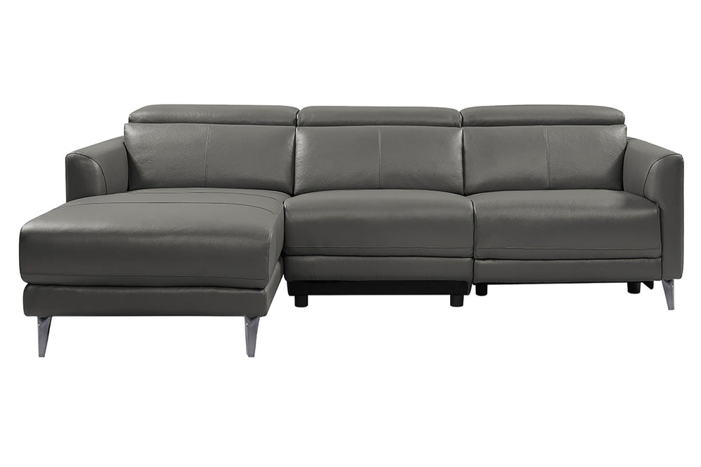 Straight Front View of A Modern, Grey, Three Seats with Left Hand Facing Reclining, Top Grain Leather Andria Sectional Sofa on a White Background.