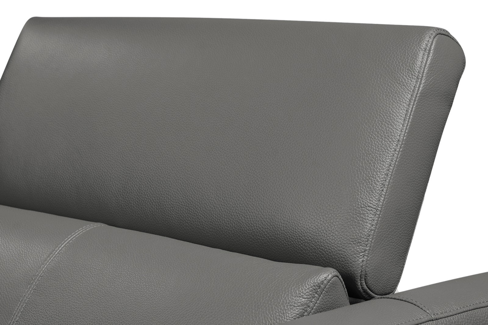 Right-Side Power Headrest Close-Up View of A Modern, Grey, Three Seats with Left Hand Facing Reclining, Top Grain Leather Andria Sectional Sofa on a White Background.