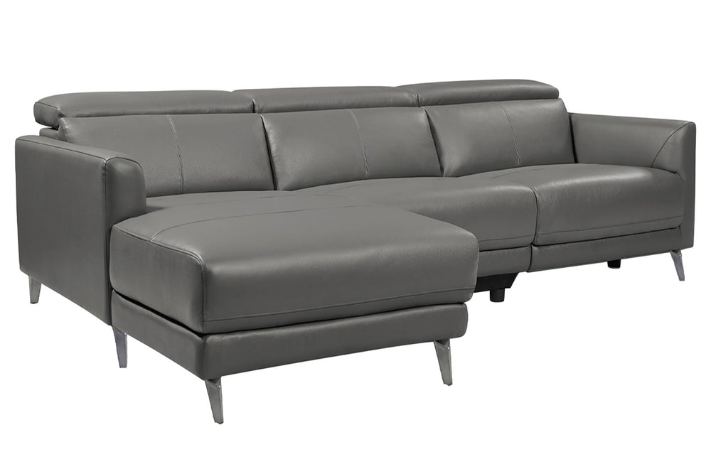 Left Angled Front View of A Modern, Grey, Three Seats with Left Hand Facing Reclining, Top Grain Leather Andria Sectional Sofa on a White Background.