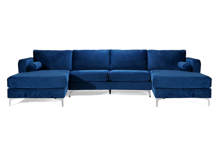 Straight Front View of A Modern and Stylish, Blue, Two Seats and 2 Chaise, Helio U Shape Sofa.