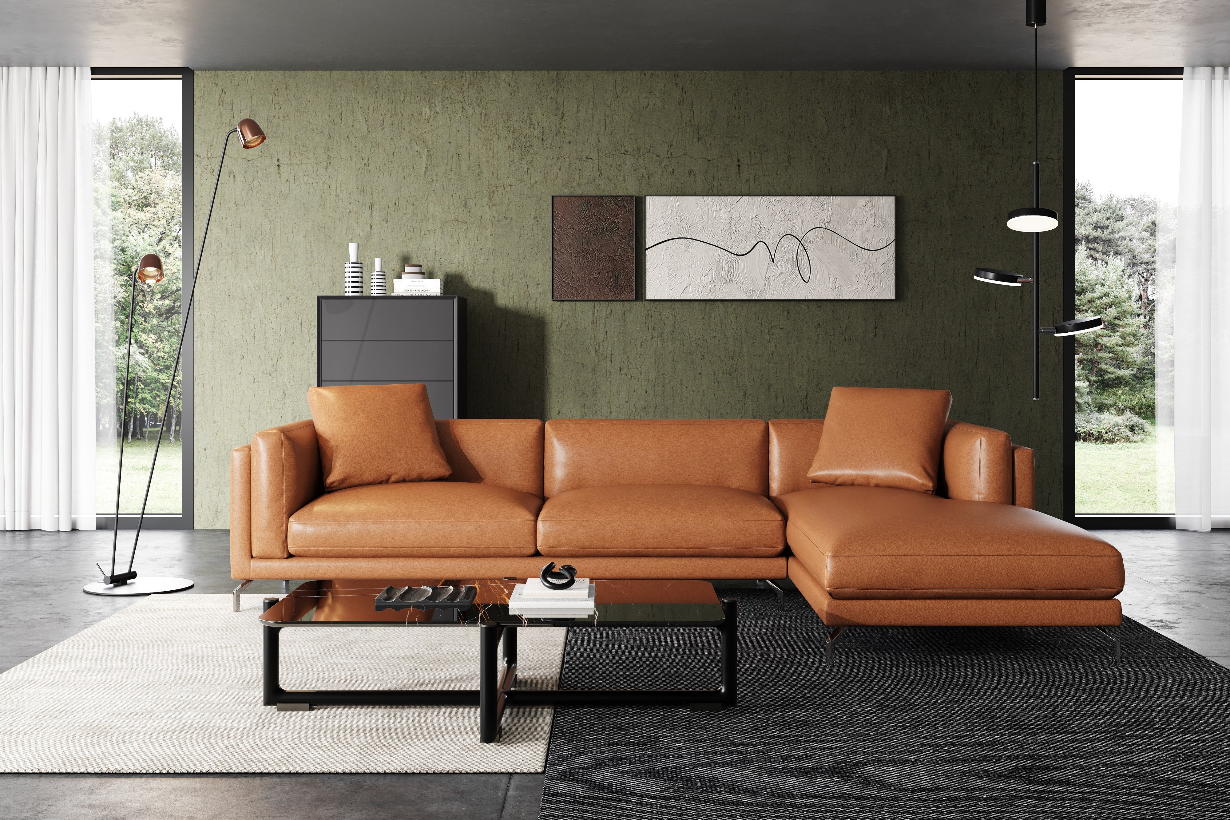 Valencia Zadar Leather Sofa with Right Chaise, Cognac